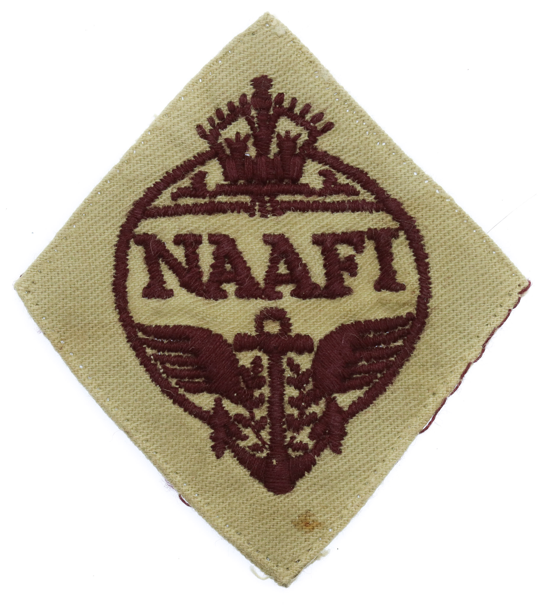 WW2 Navy, Army & Air Force Institutes (N.A.A.F.I.) Cloth Overalls Badge (Maroon on Beige)