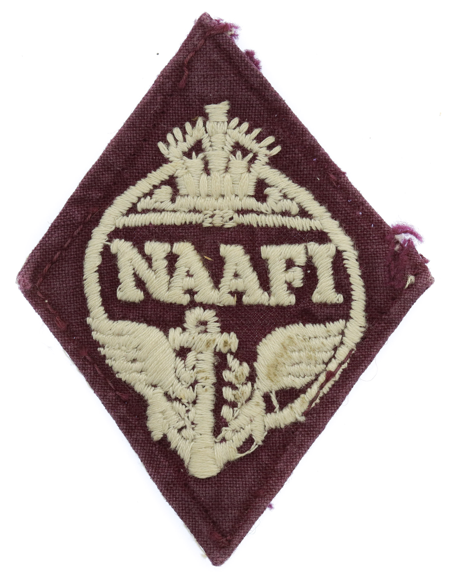 WW2 Navy, Army & Air Force Institutes (N.A.A.F.I.) Cloth Overalls Badge (White on Maroon)