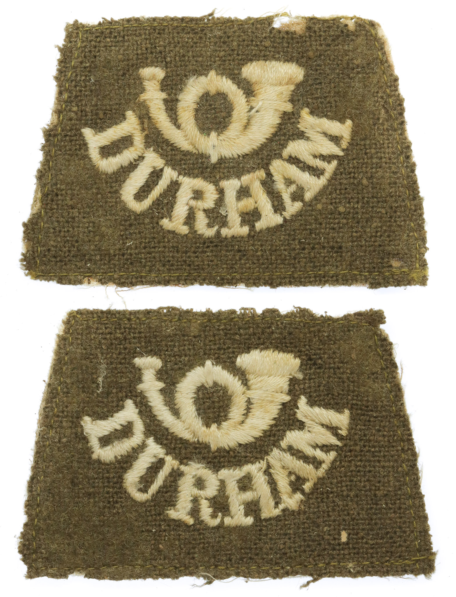 Pair of Durham Light Infantry D.L.I. (Bugle/DURHAM) WW1 Cloth Slip On Shoulder Title