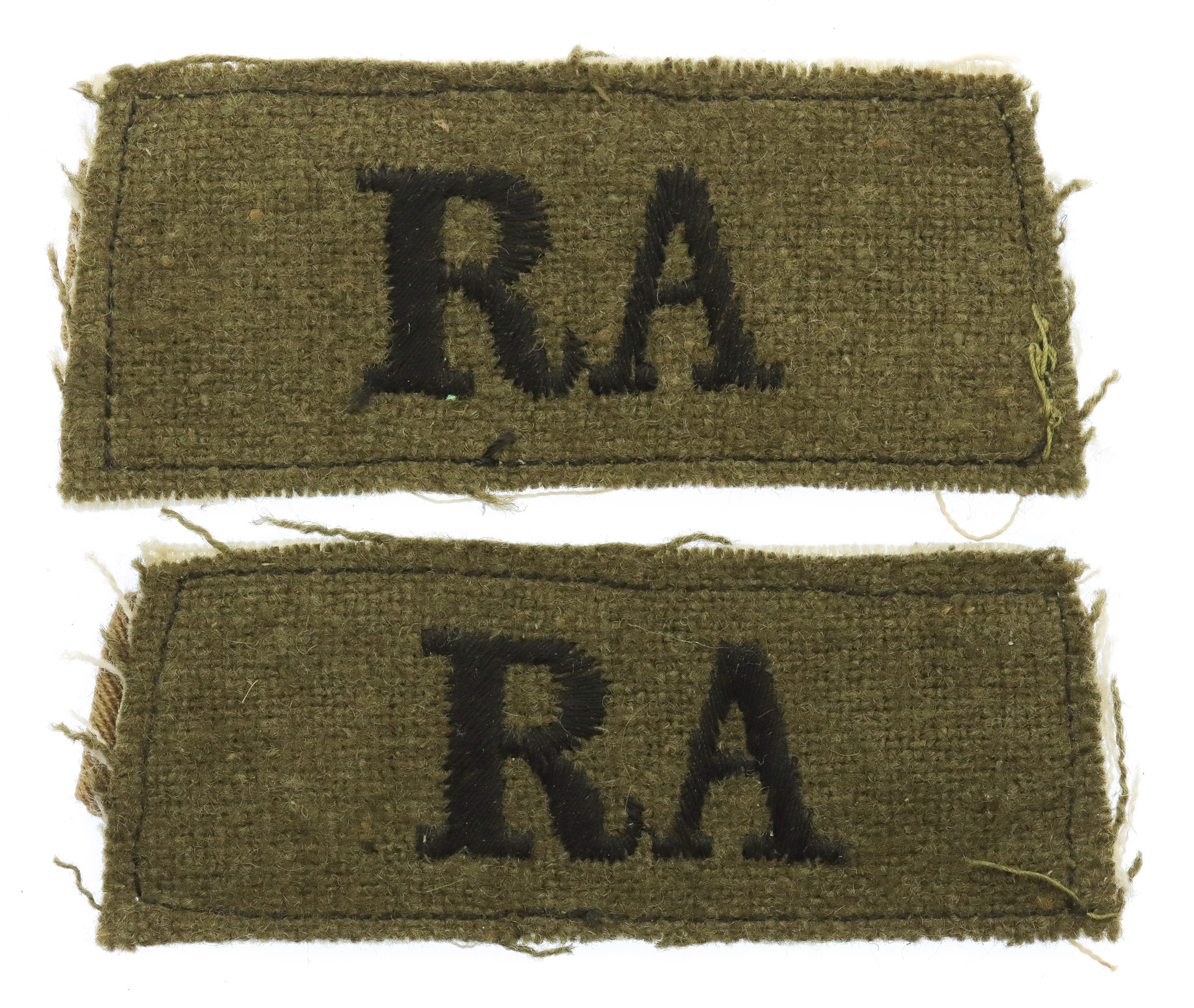 Pair of Royal Artillery (R.A.) WW2 Cloth Slip On Shoulder Titles
