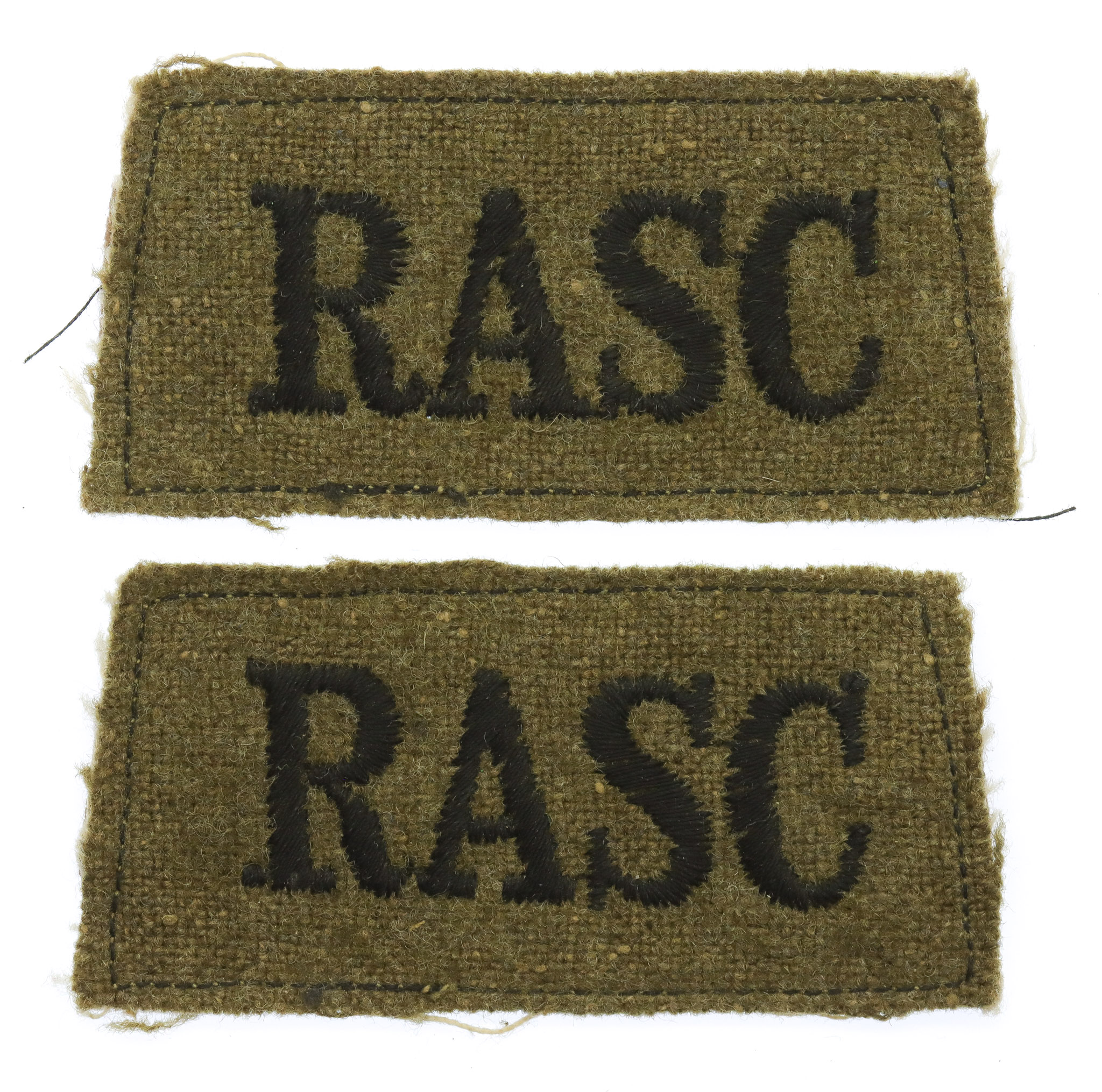 Pair of Royal Army Service Corps (R.A.S.C.) WW2 Cloth Slip On Shoulder Titles