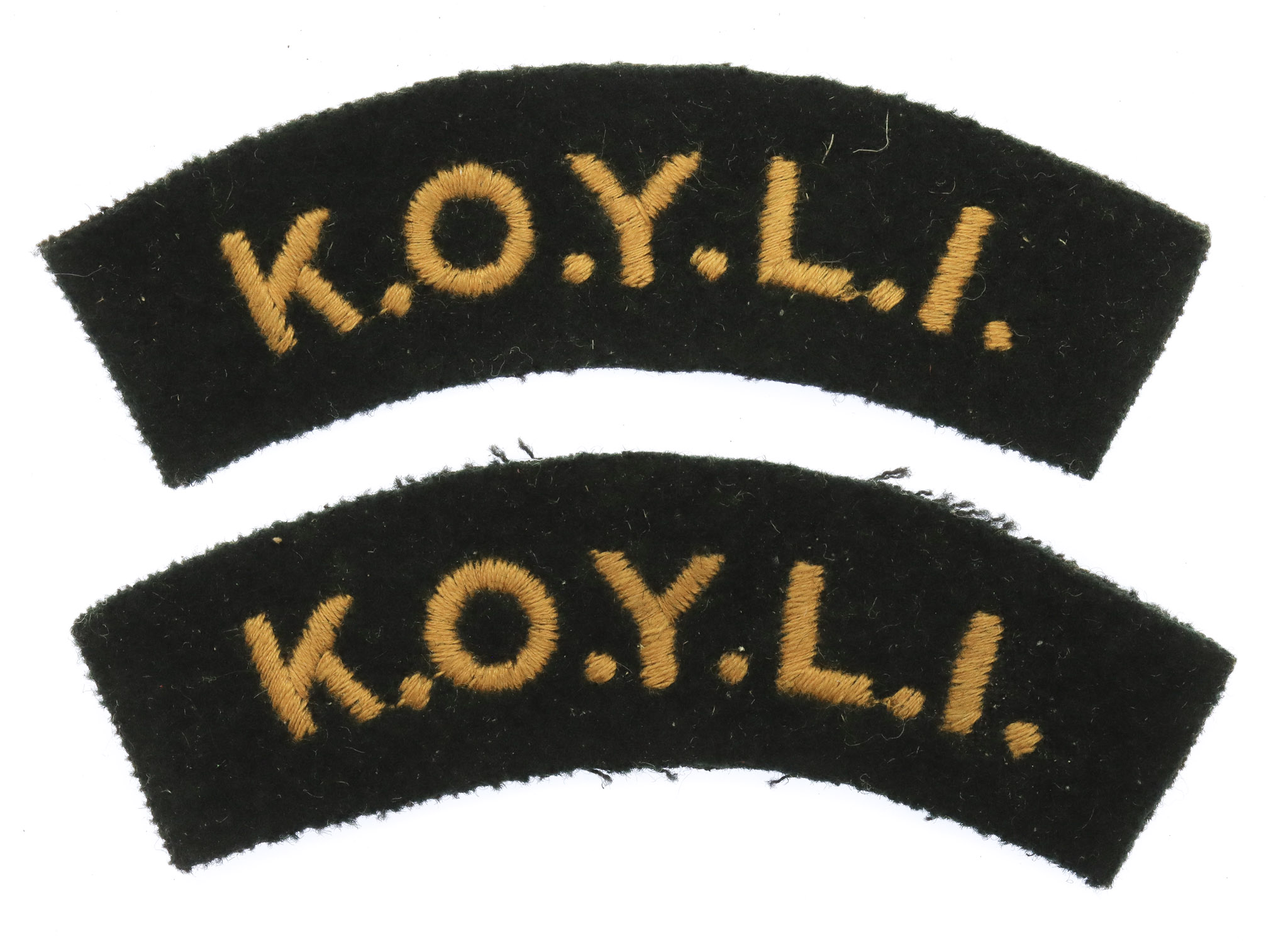 Pair of King's Own Yorkshire Light Infantry (K.O.Y.L.I.) Cloth Shoulder Titles