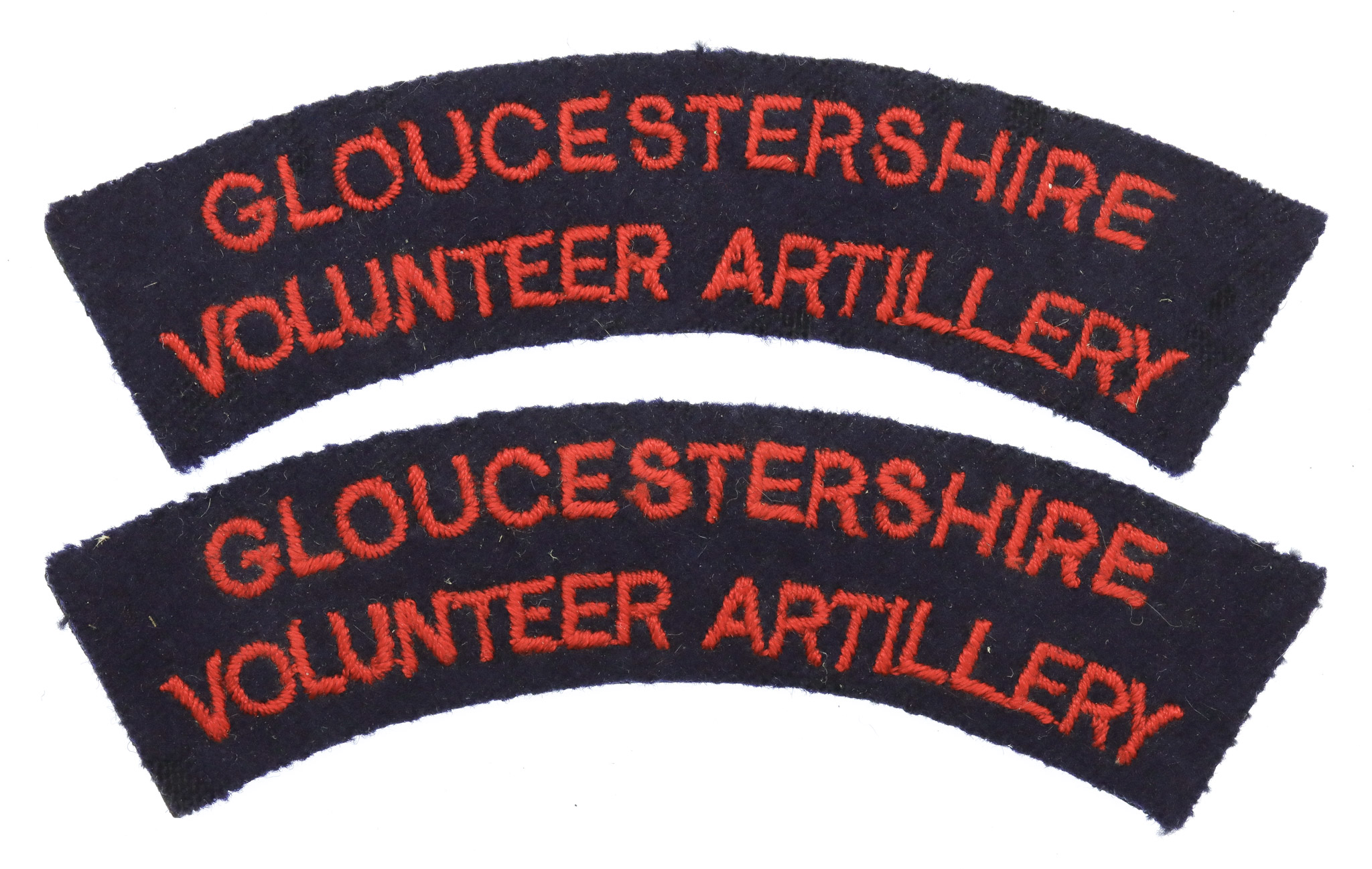 Pair of Gloucestershire Volunteer Artillery (GLOUCESTERSHIRE/VOLUNTEER ARTILLERY) Cloth Shoulder Titles