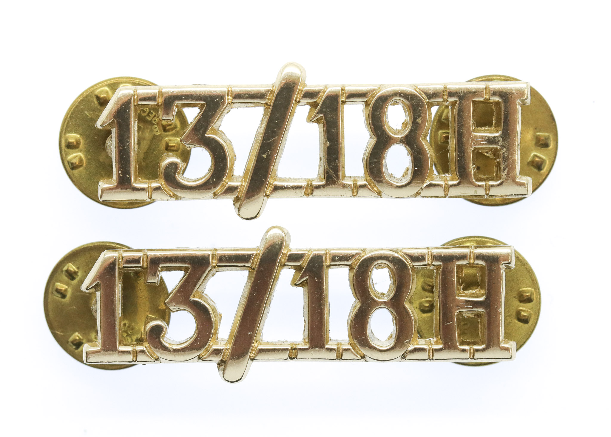 Pair of 13th/18th Hussars (13/18H) Anodised (Staybrite) Shoulder Titles