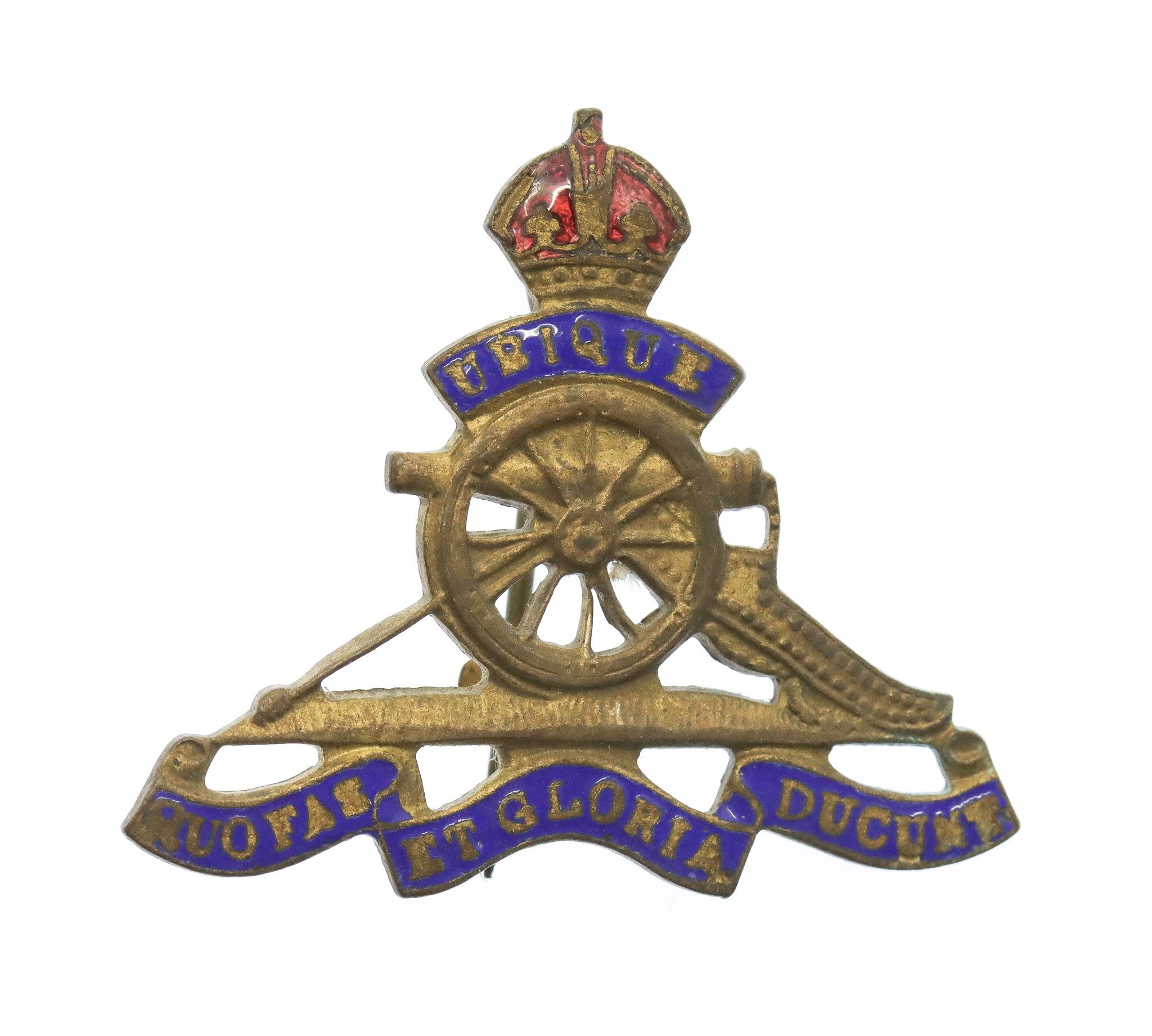 Royal Artillery Brass and Enamel Sweetheart Brooch - King's Crown