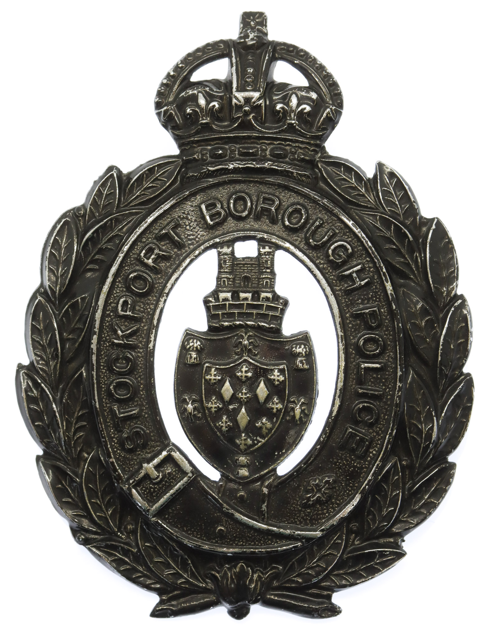 Stockport Borough Police Blackened Wreath Helmet Plate - King's Crown