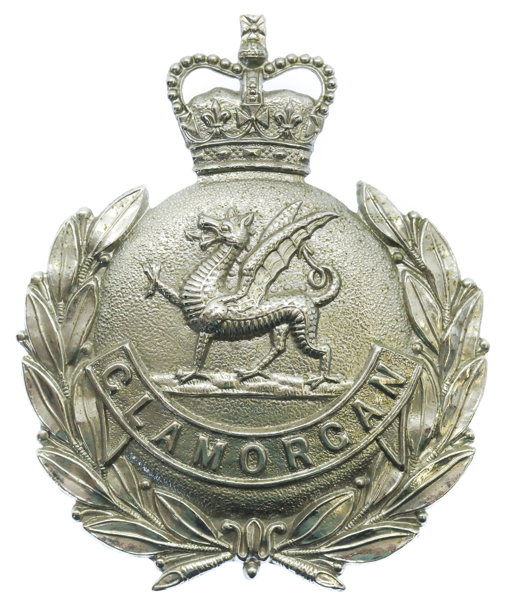Glamorgan Constabulary Chrome Wreath Helmet Plate - Queen's Crown