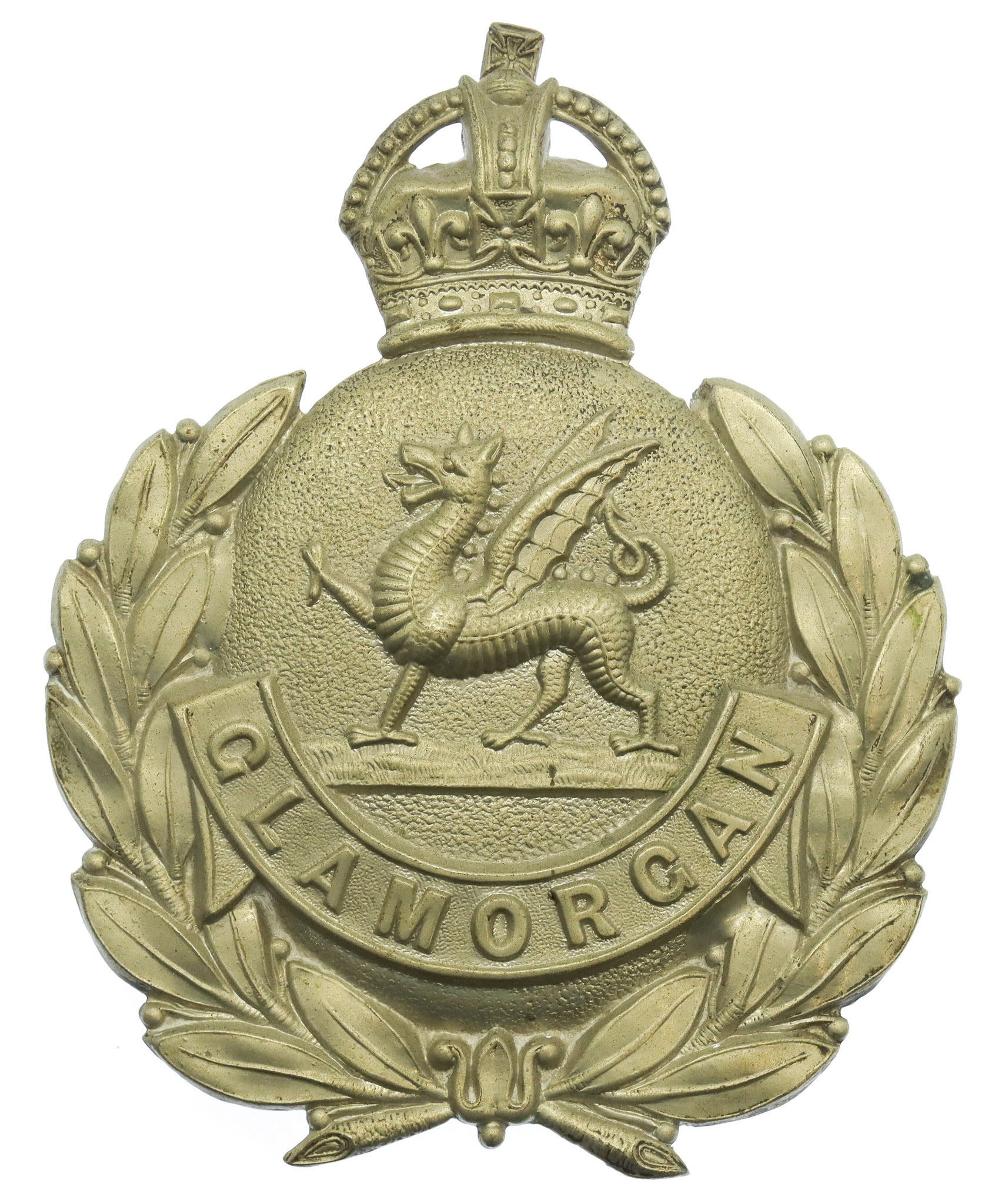 Glamorgan Constabulary White Metal Wreath Helmet Plate - King's Crown