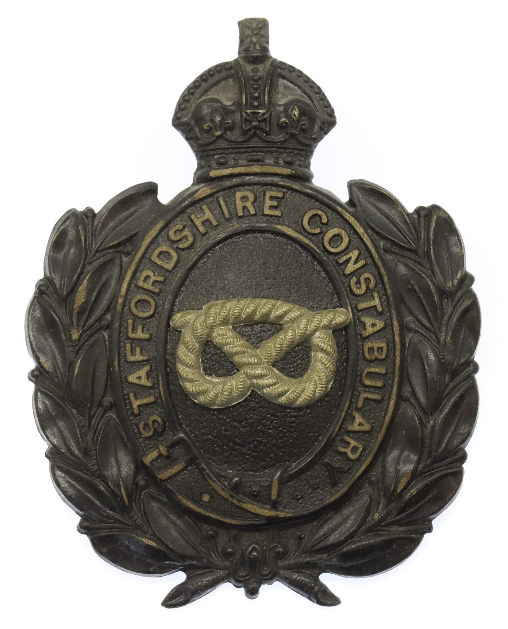 Staffordshire Constabulary Black Wreath Helmet Plate - King's Crown