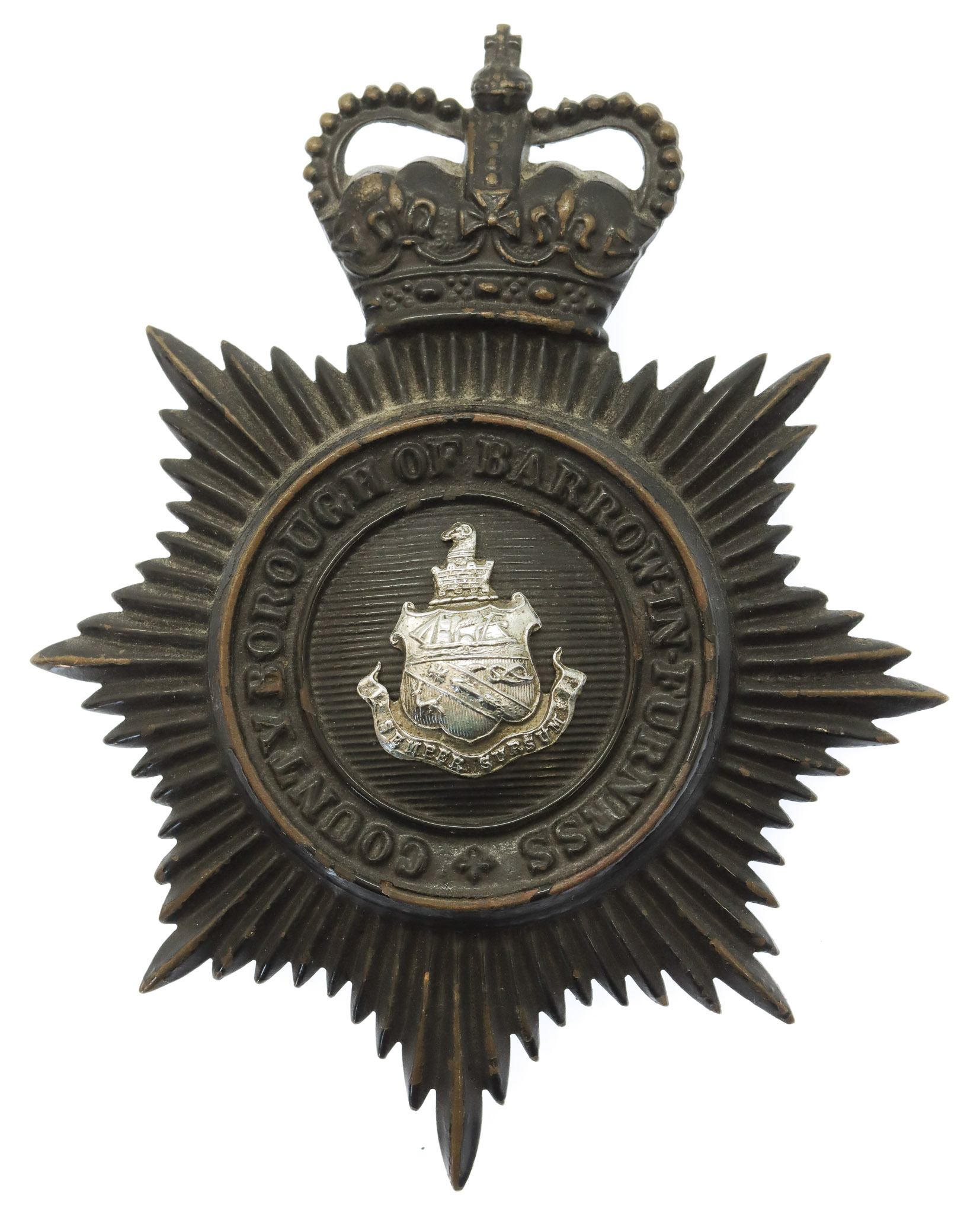 County Borough of Barrow -in- Furness Police Night Helmet Plate - Queen's Crown