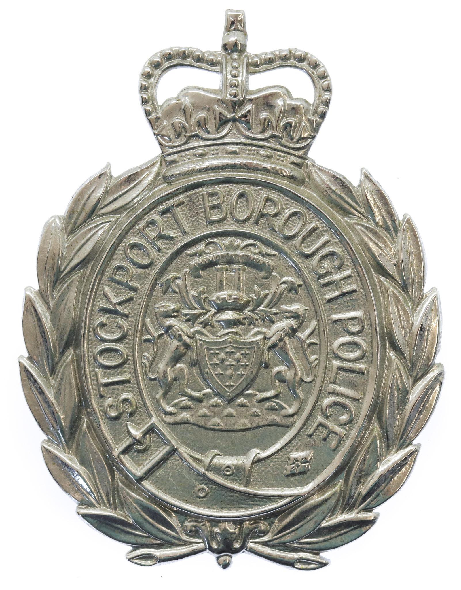 Stockport Borough Police Wreath Helmet Plate - Queen's Crown
