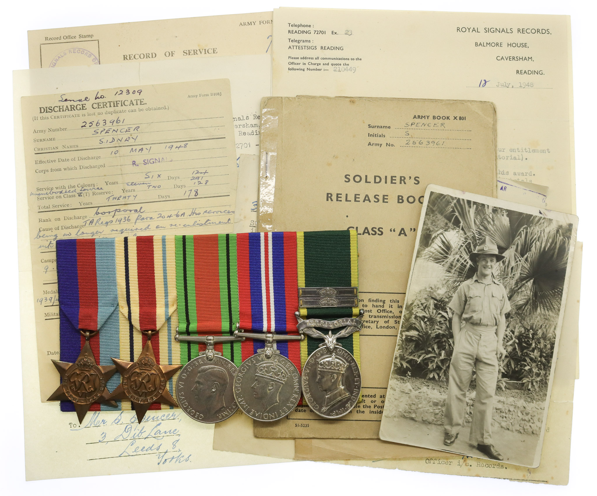 WW2 and Territorial Efficiency Medal Groups of Five with Original Documents and Photo - Cpl. S. Spencer, Royal Signals