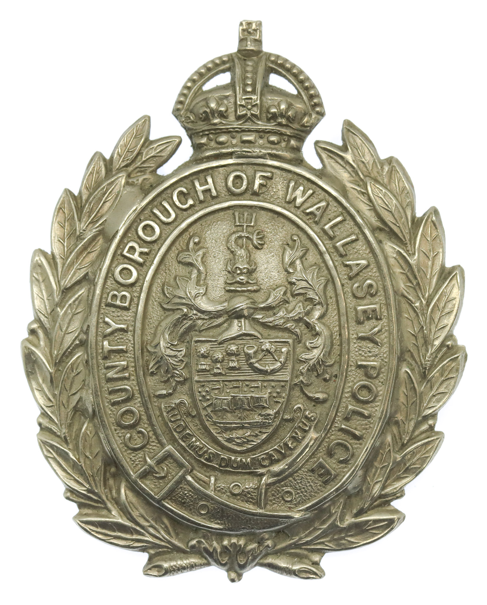 Wallasey Borough Police White Metal Wreath Helmet Plate - King's Crown