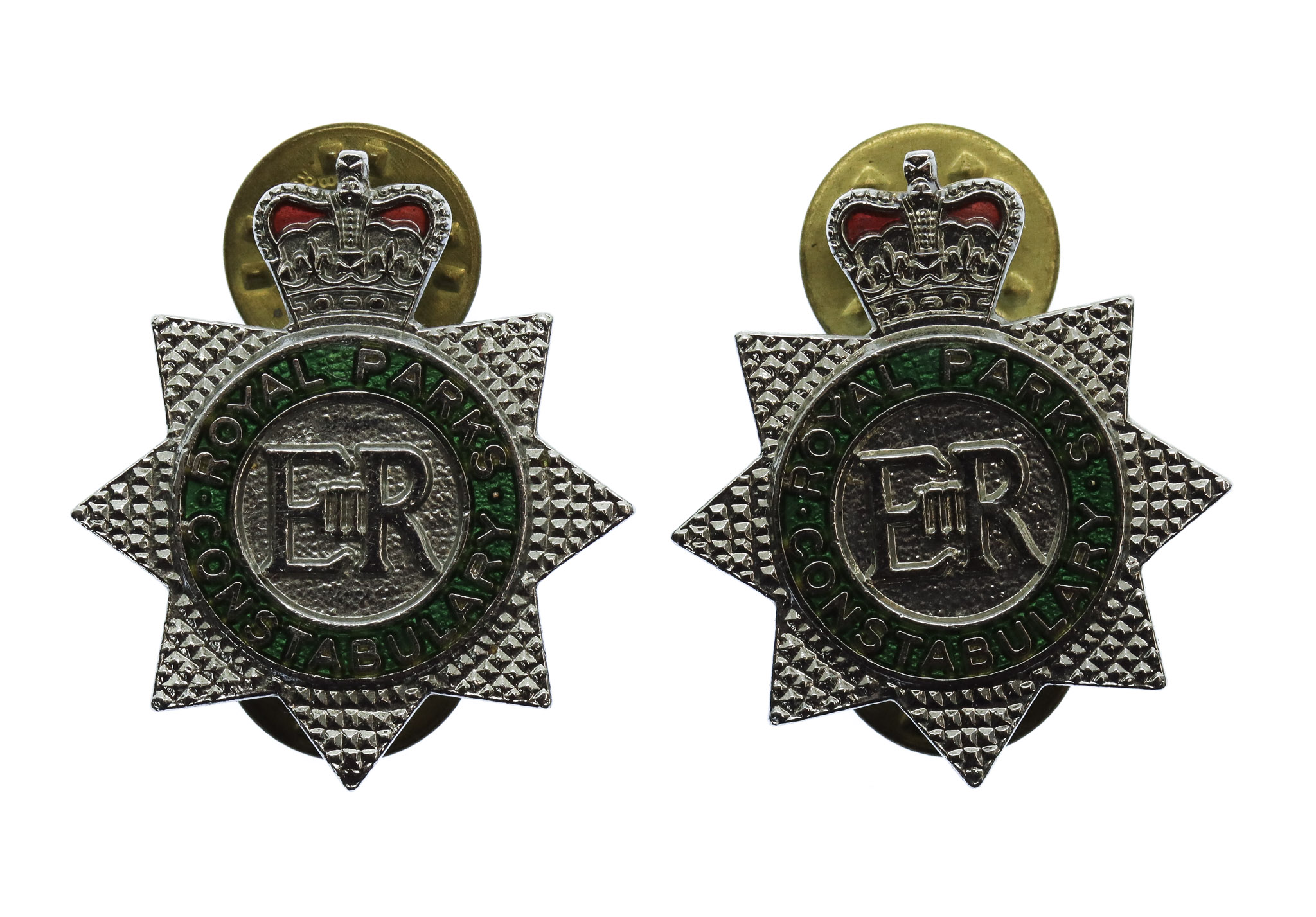 Pair of Royal Parks Constabulary Enamelled Collar Badges - Queen's Crown