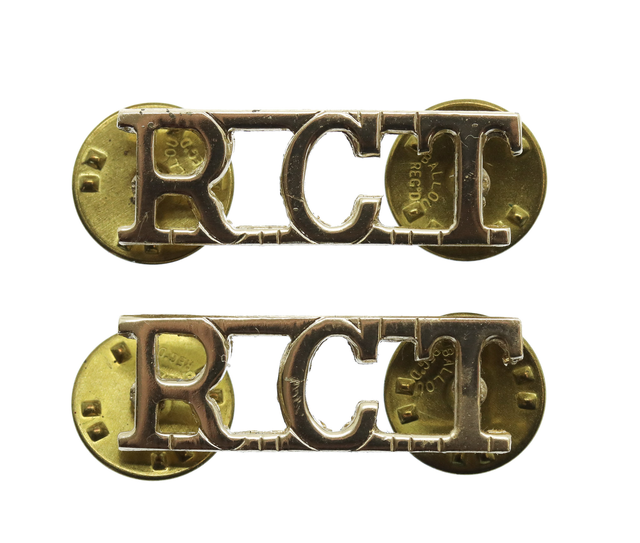 Pair of Royal Corps of Transport (R.C.T.) Anodised (Staybrite) Shoulder Titles