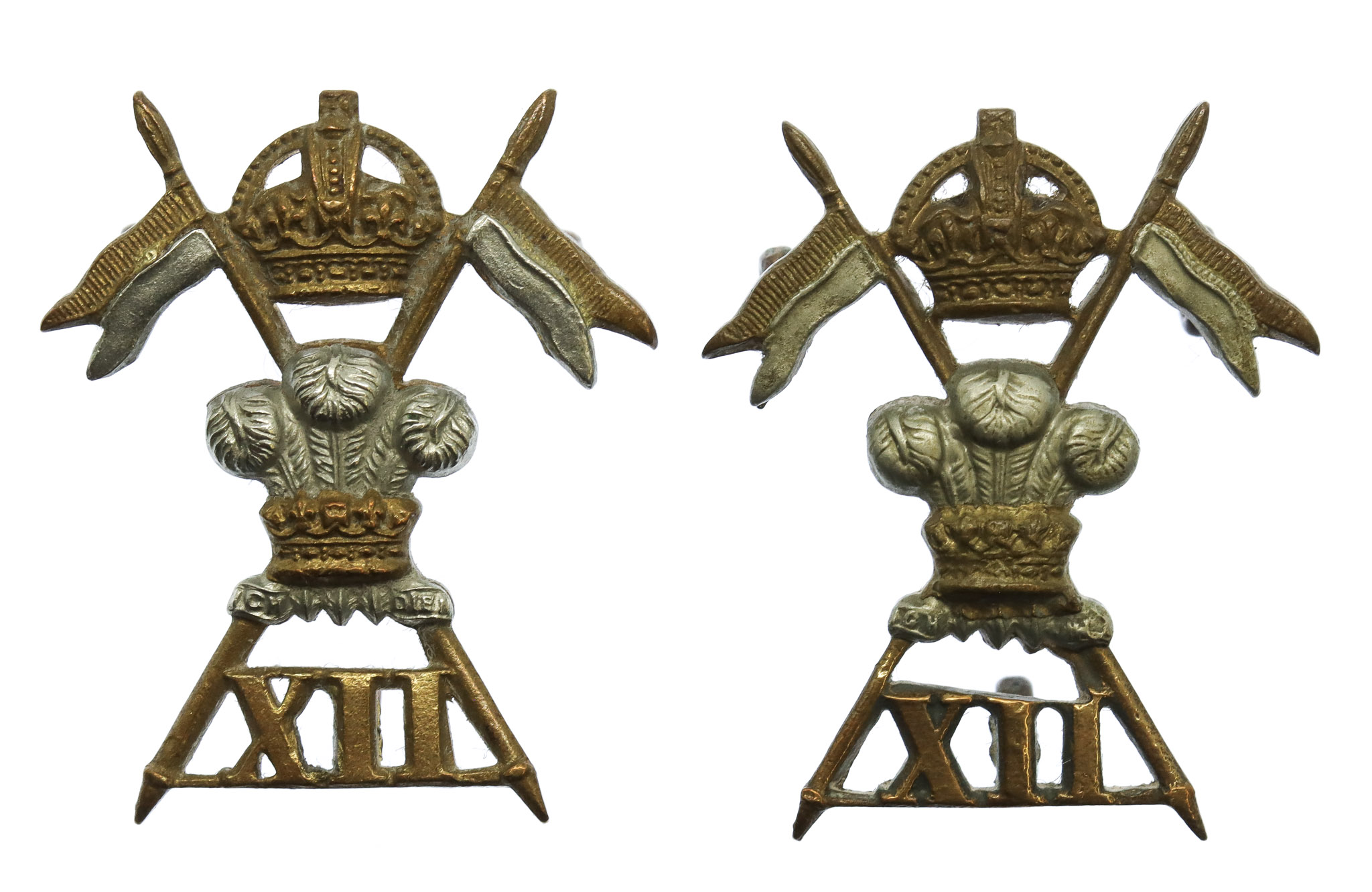 Pair of 12th Royal Lancers Collar Badges - King's Crown