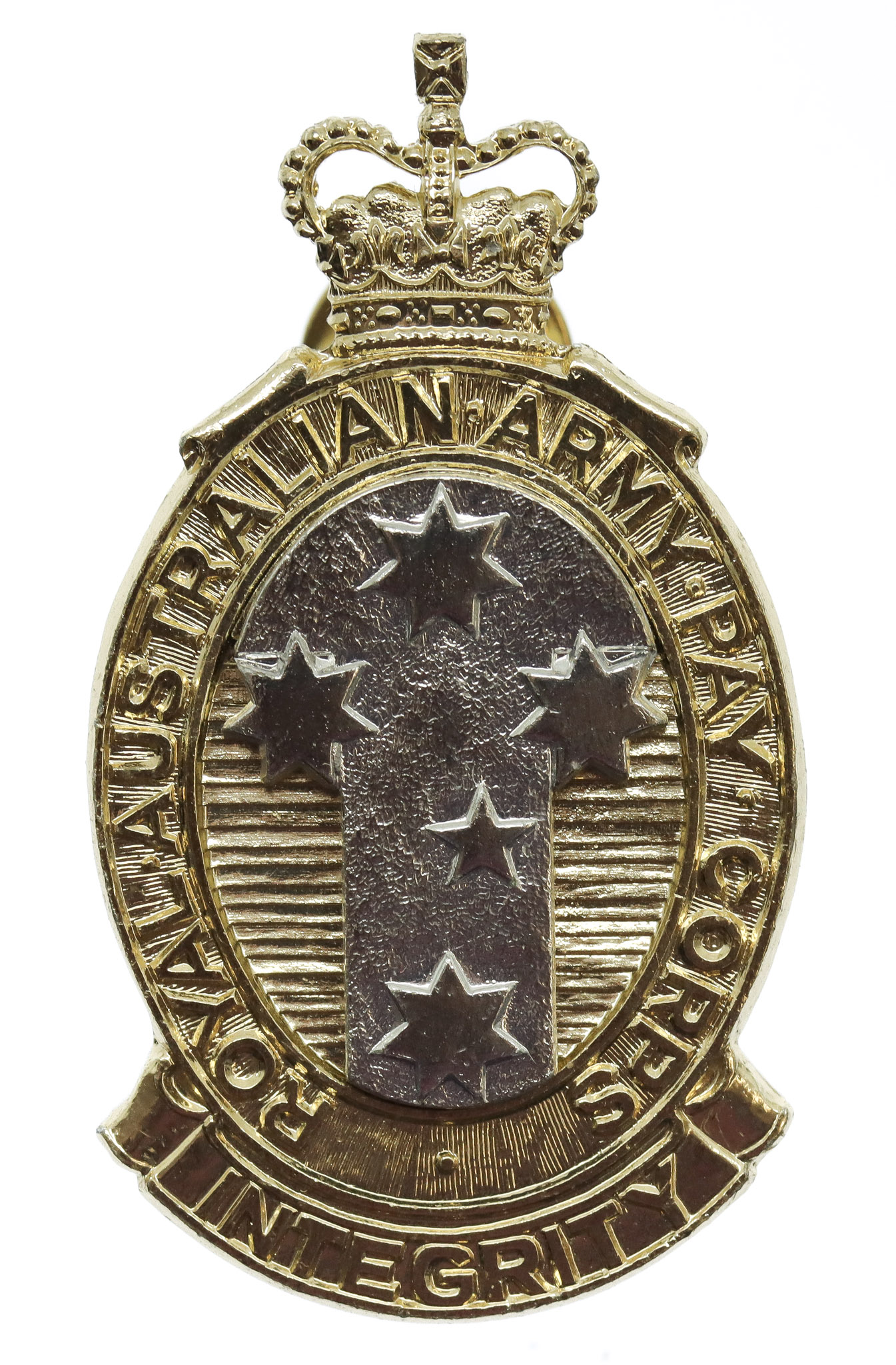 Royal Australian Army Pay Corps Anodised (Staybrite) Hat Badge - Queen's Crown