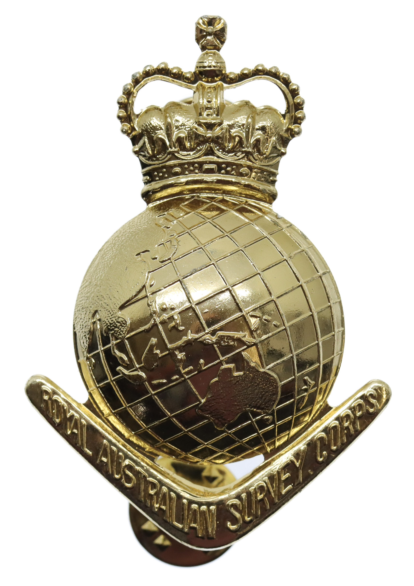 Royal Australian Army Survey Corps Anodised (Staybrite) Hat Badge - Queen's Crown