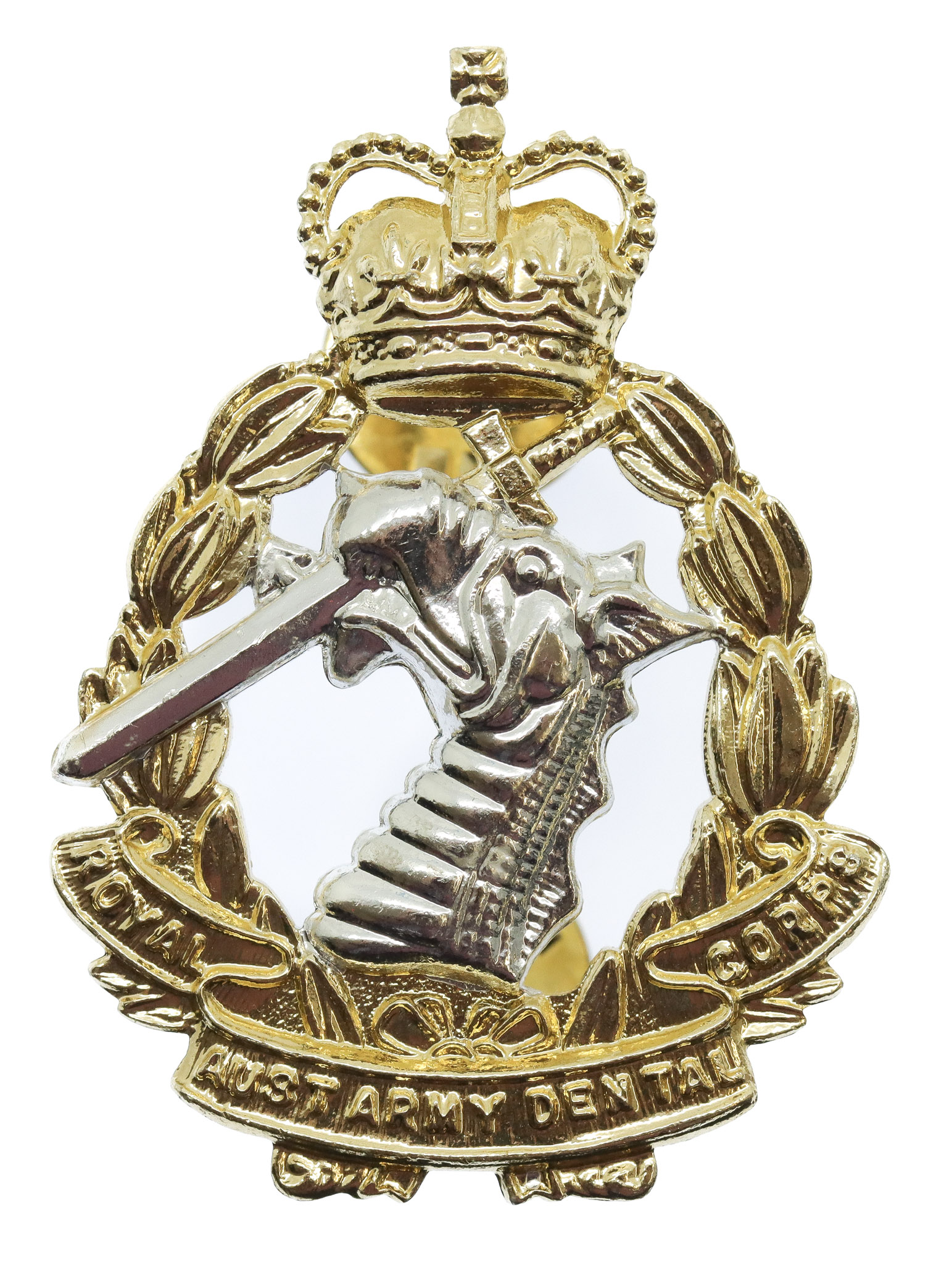 Royal Australian Army Dental Corps Anodised (Staybrite) Hat Badge - Queen's Crown