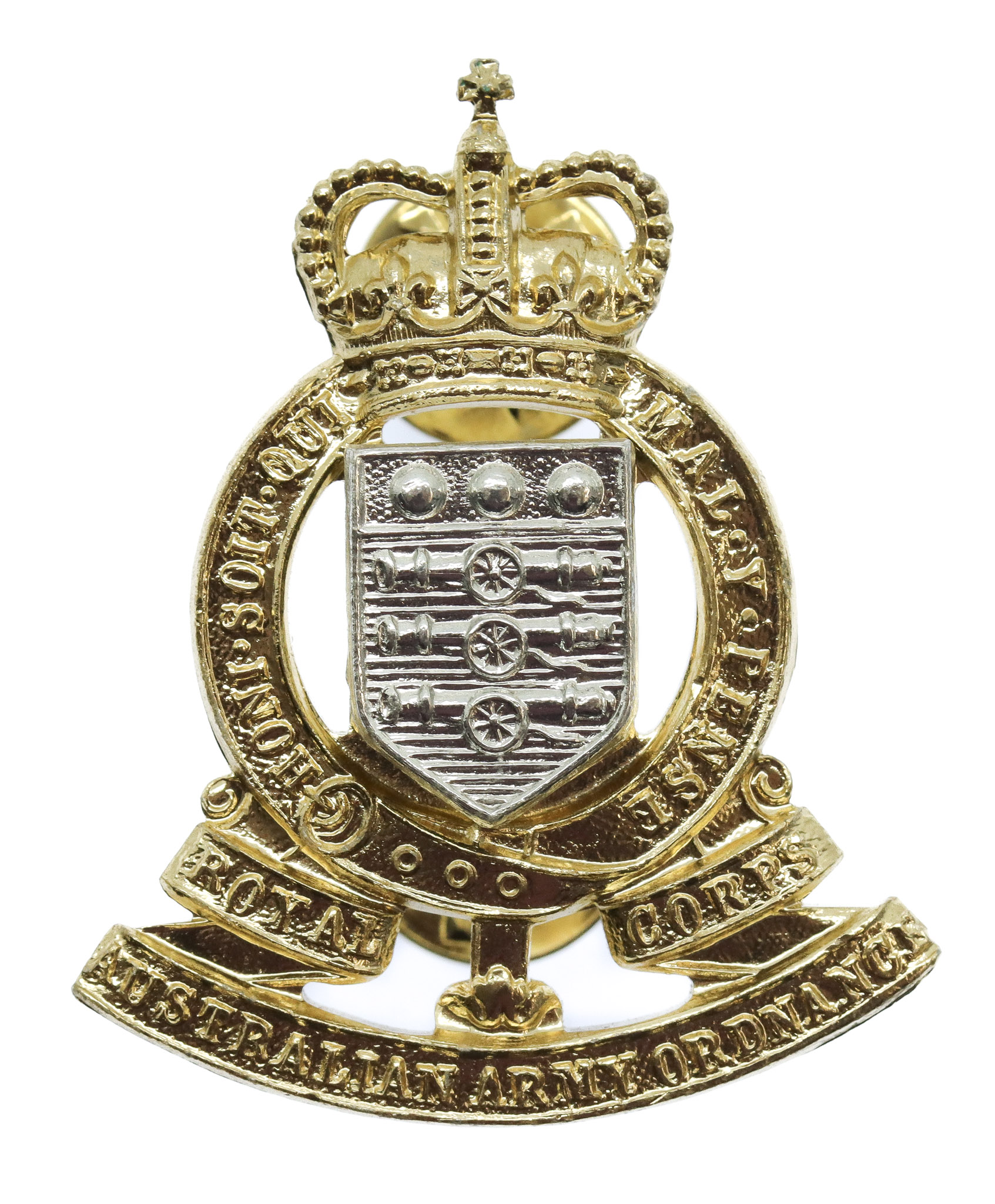 Royal Australian Army Ordnance Corps Anodised (Staybrite) Hat Badge - Queen's Crown
