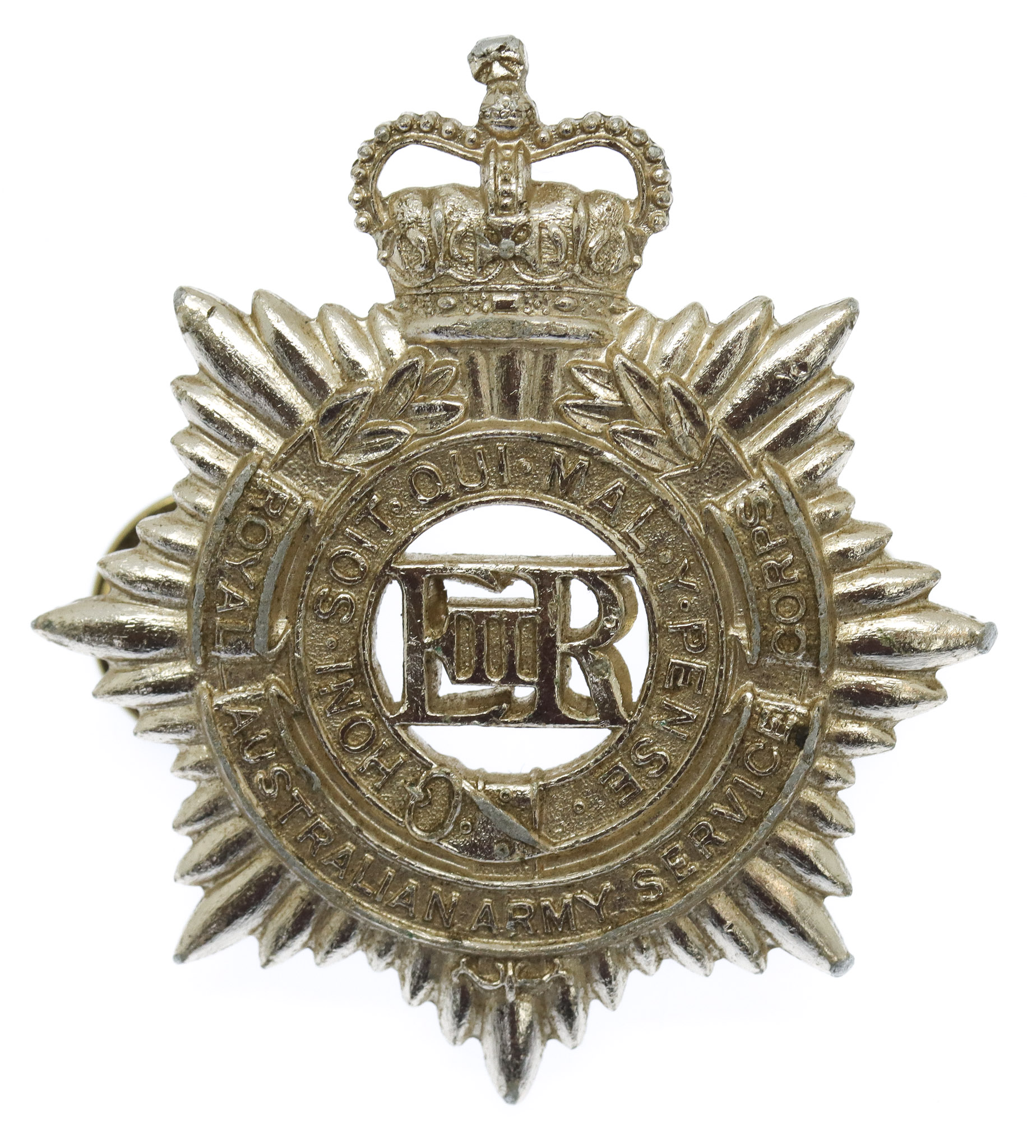 Royal Australian Army Service Corps Anodised (Staybrite) Hat Badge - Queen's Crown