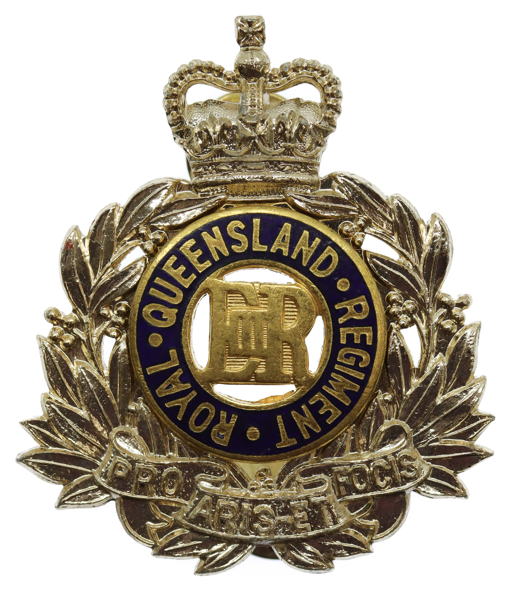Australian Royal Queensland Regiment Anodised (Staybrite) Metal & Enamel Hat Badge - Queen's Crown