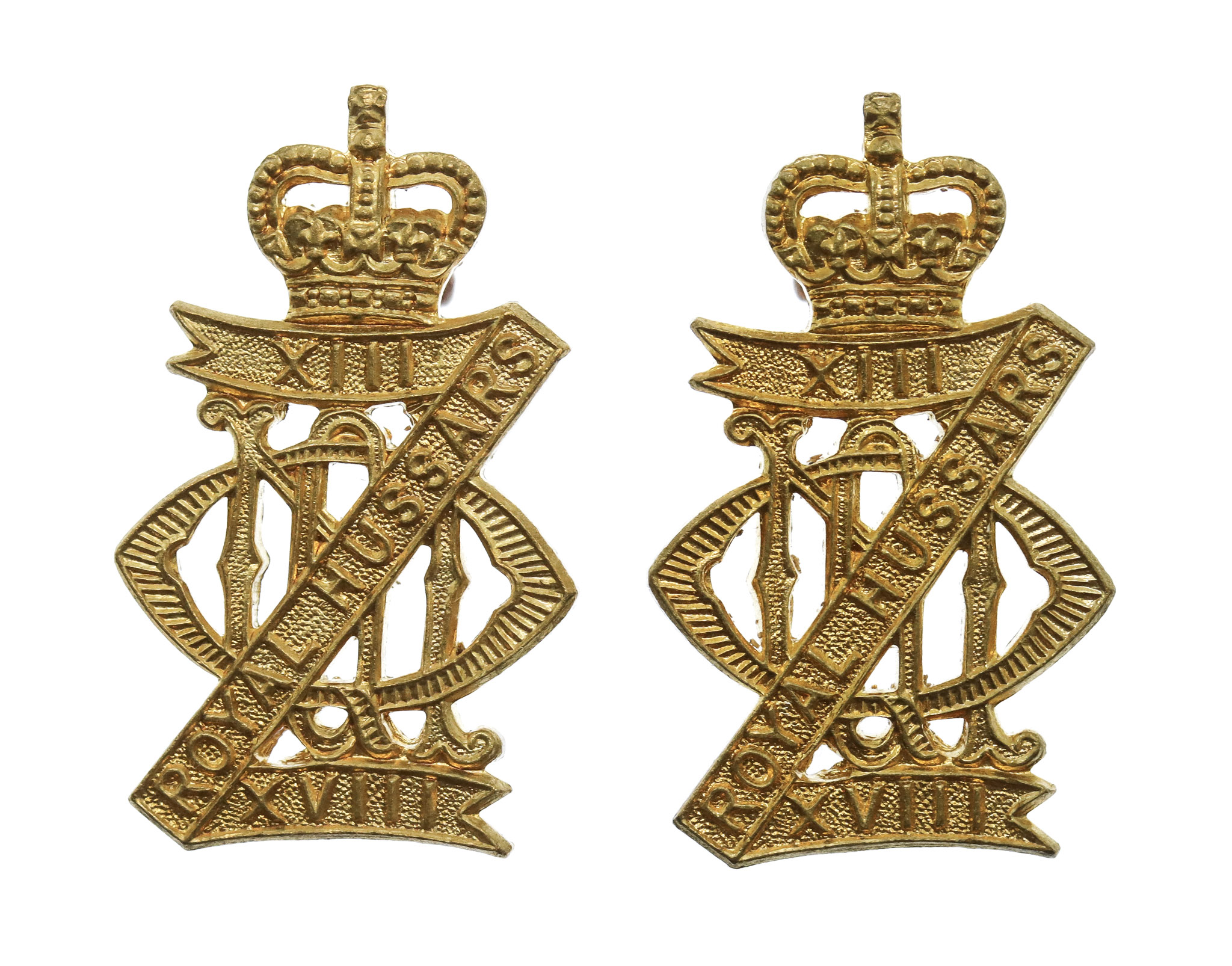 Pair of 13th/18th Royal Hussars Collar Badges - Queen's Crown