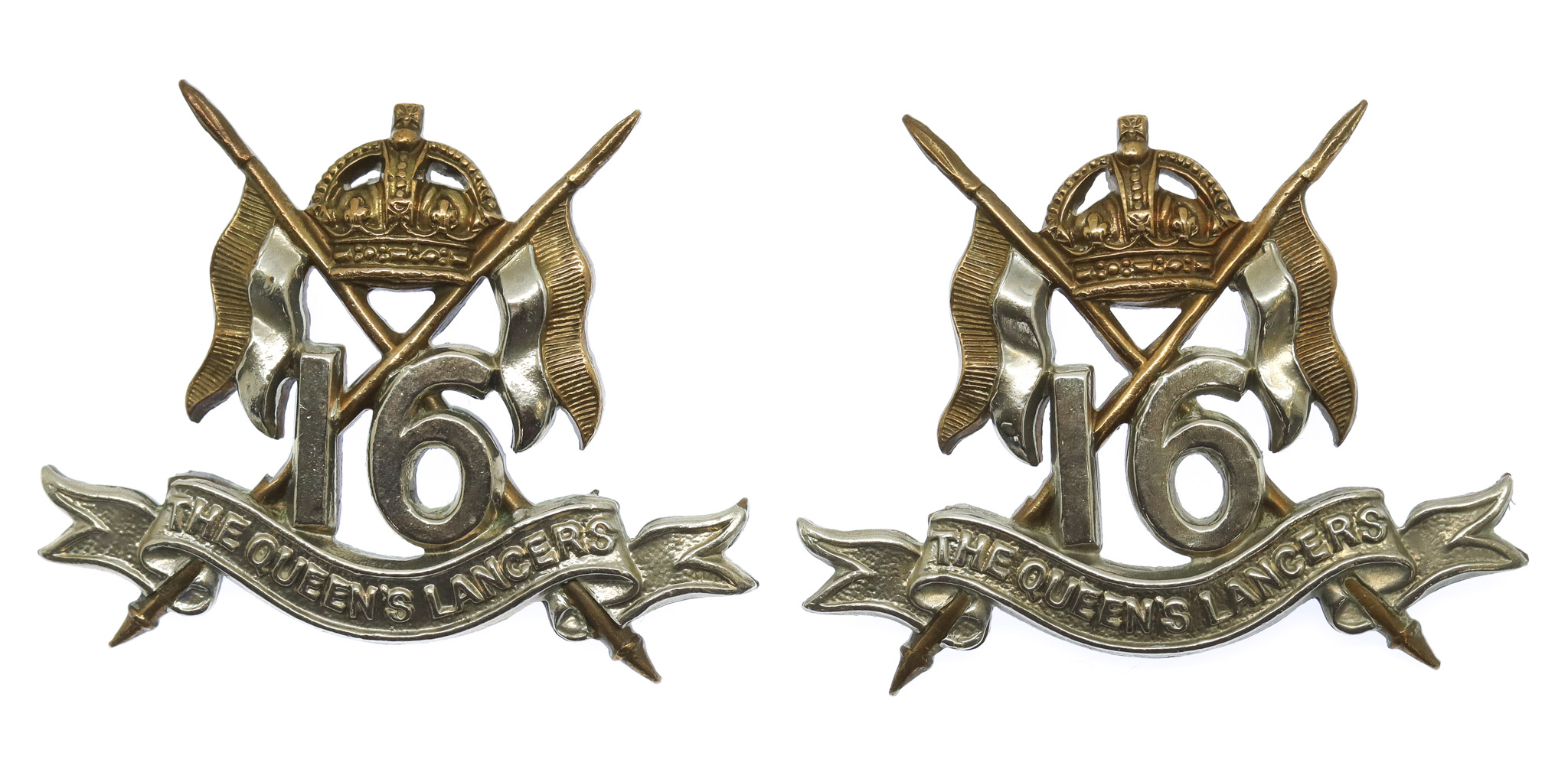 Pair of 16th/5th Queen's Lancers Collar Badges - King's Crown