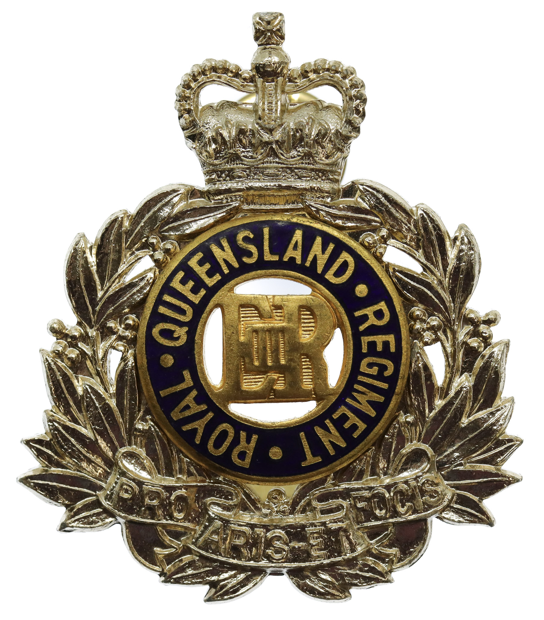 Australian Royal Queensland Regiment Anodised (Staybrite) Metal & Enamel Hat Badge - Queen's Crown