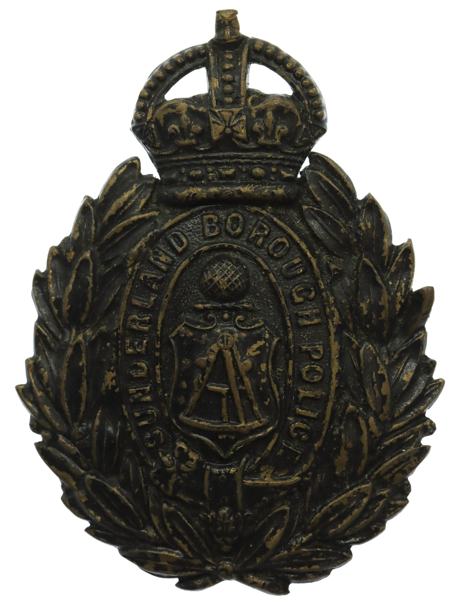 Sunderland Borough Police Blackened Brass Wreath Helmet Plate - King's Crown