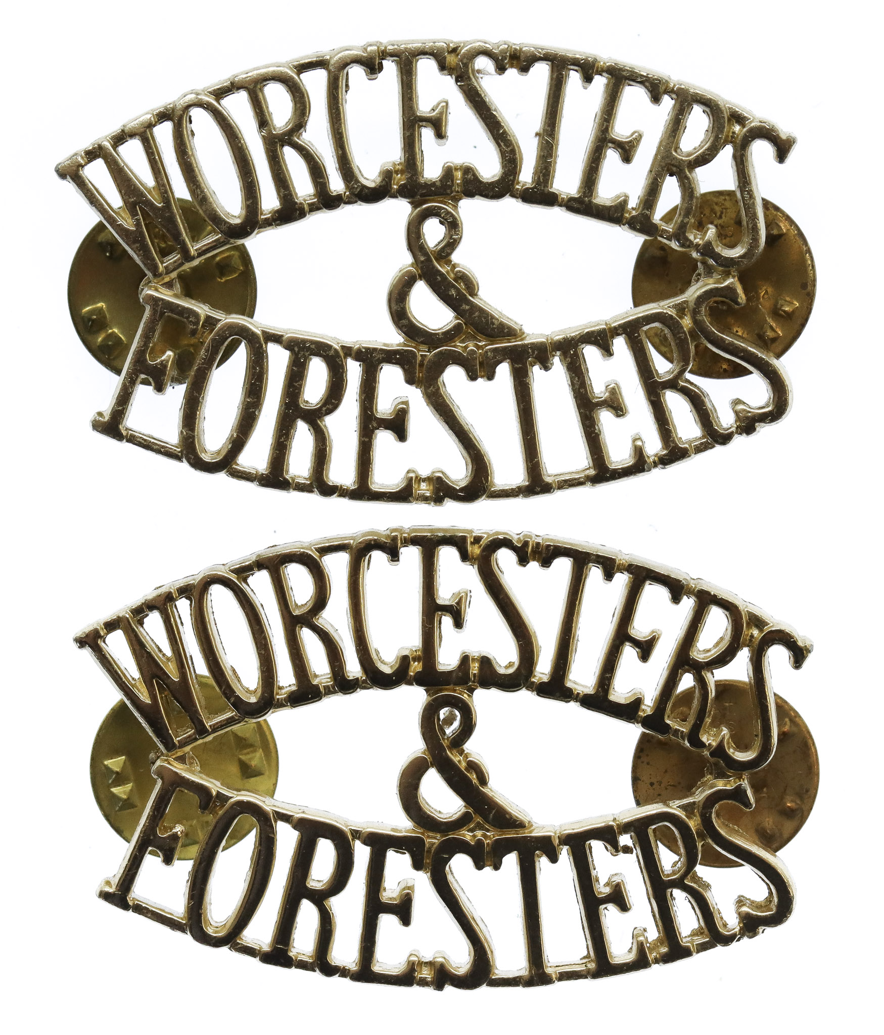 Pair of Worcestershire & Sherwood Foresters (WORCESTERS/&/FORESTERS) Anodised (Staybrite) Shoulder Titles