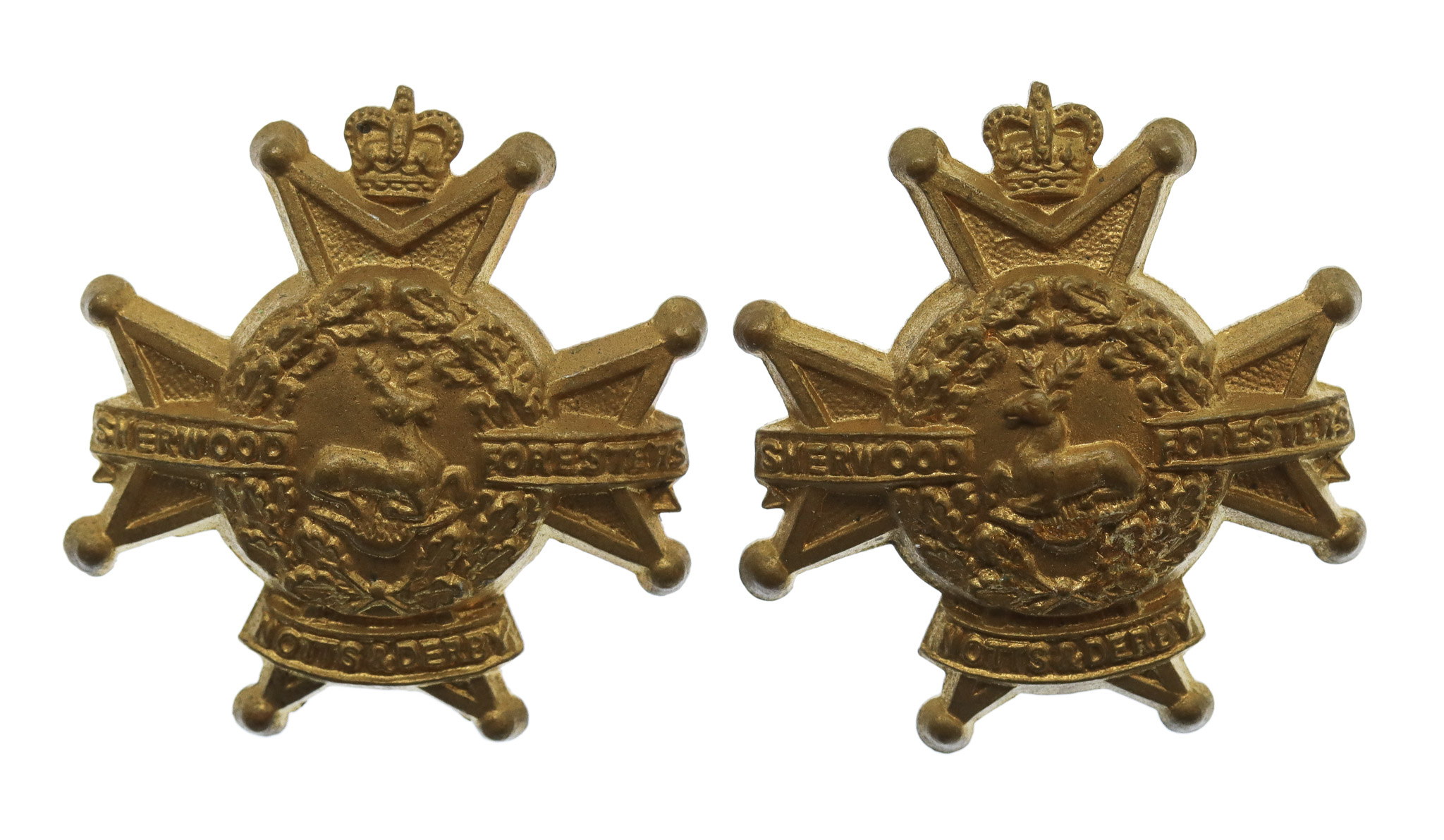 Pair of Notts & Derby Regiment (Sherwood Foresters) Collar Badges - Queen's Crown