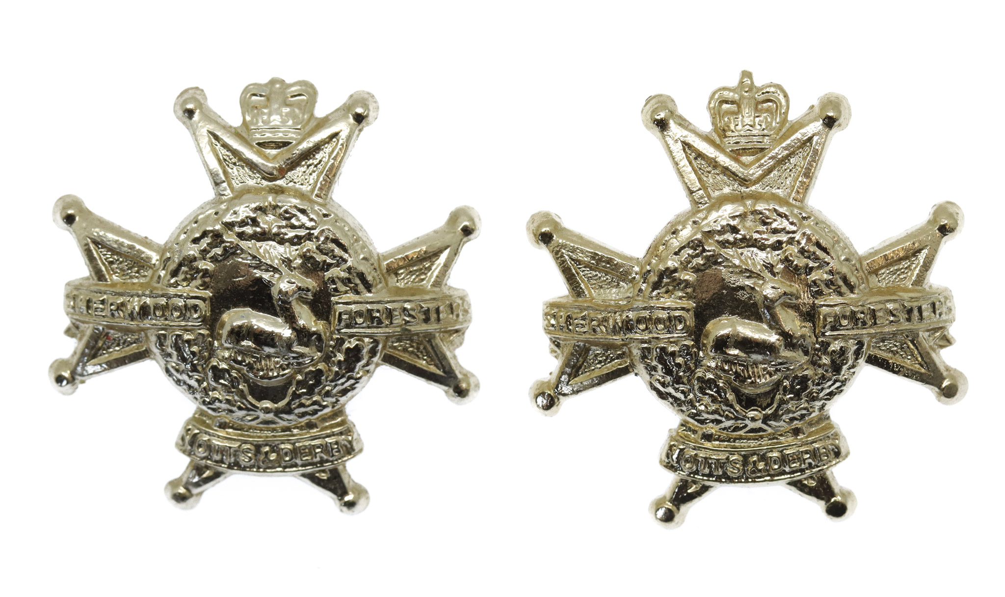 Pair of Notts & Derby Regiment (Sherwood Foresters) Anodised (Staybrite) Collar Badge
