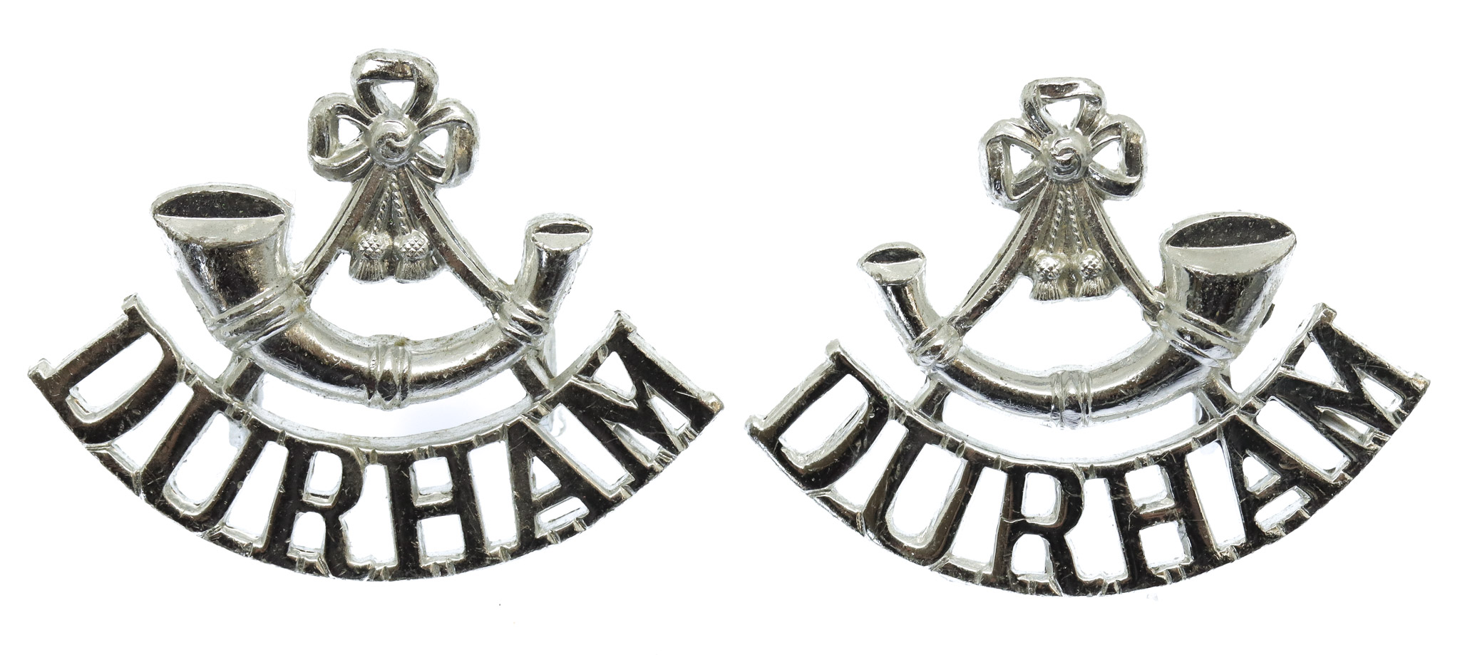 Pair of Durham Light Infantry (Bugle/DURHAM) Anodised (Staybrite) Shoulder Titles