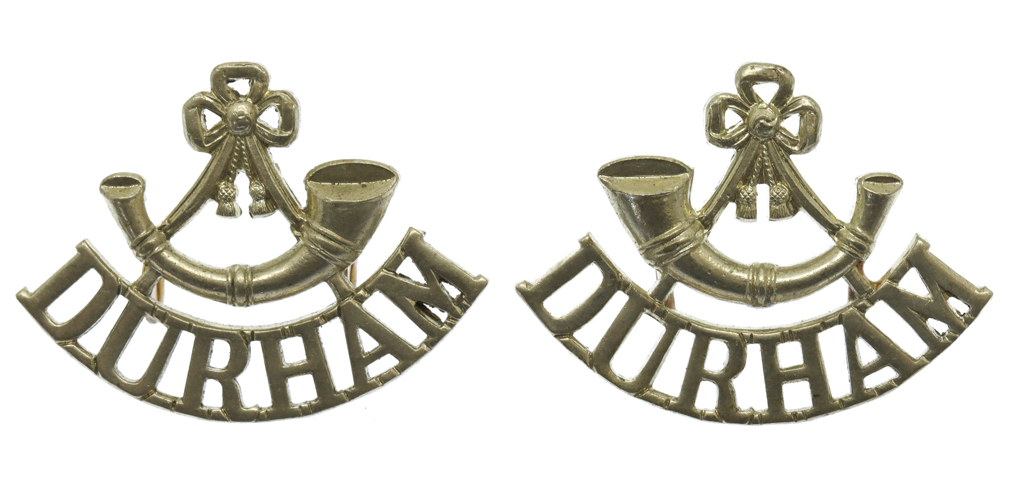 Pair of Durham Light Infantry (Bugle/DURHAM) White Metal Shoulder Titles