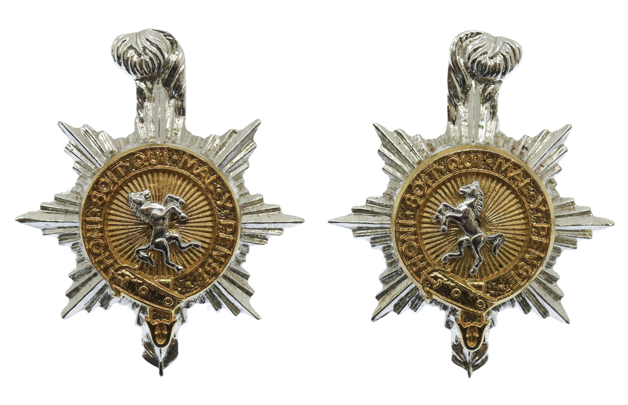Pair of Queen's Regiment Officer's Gilt & Chrome Collar Badges