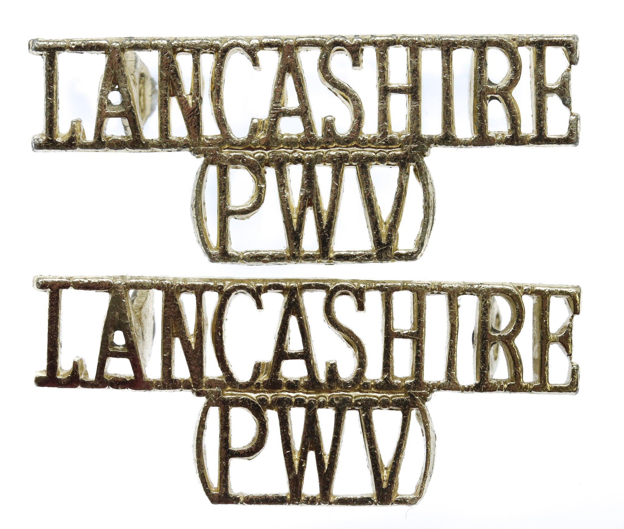 Pair of Lancashire Regiment (LANVCASHIRE/P.W.V.) Anodised (Staybrite) Shoulder Titles