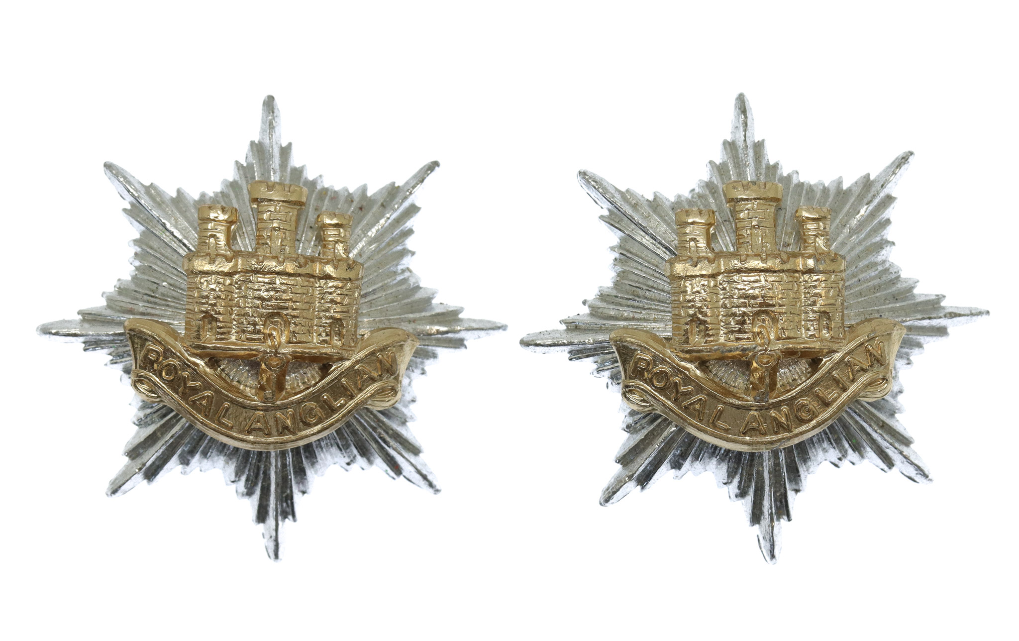 Pair of Royal Anglian Regiment Anodised (Staybrite) Collar Badges