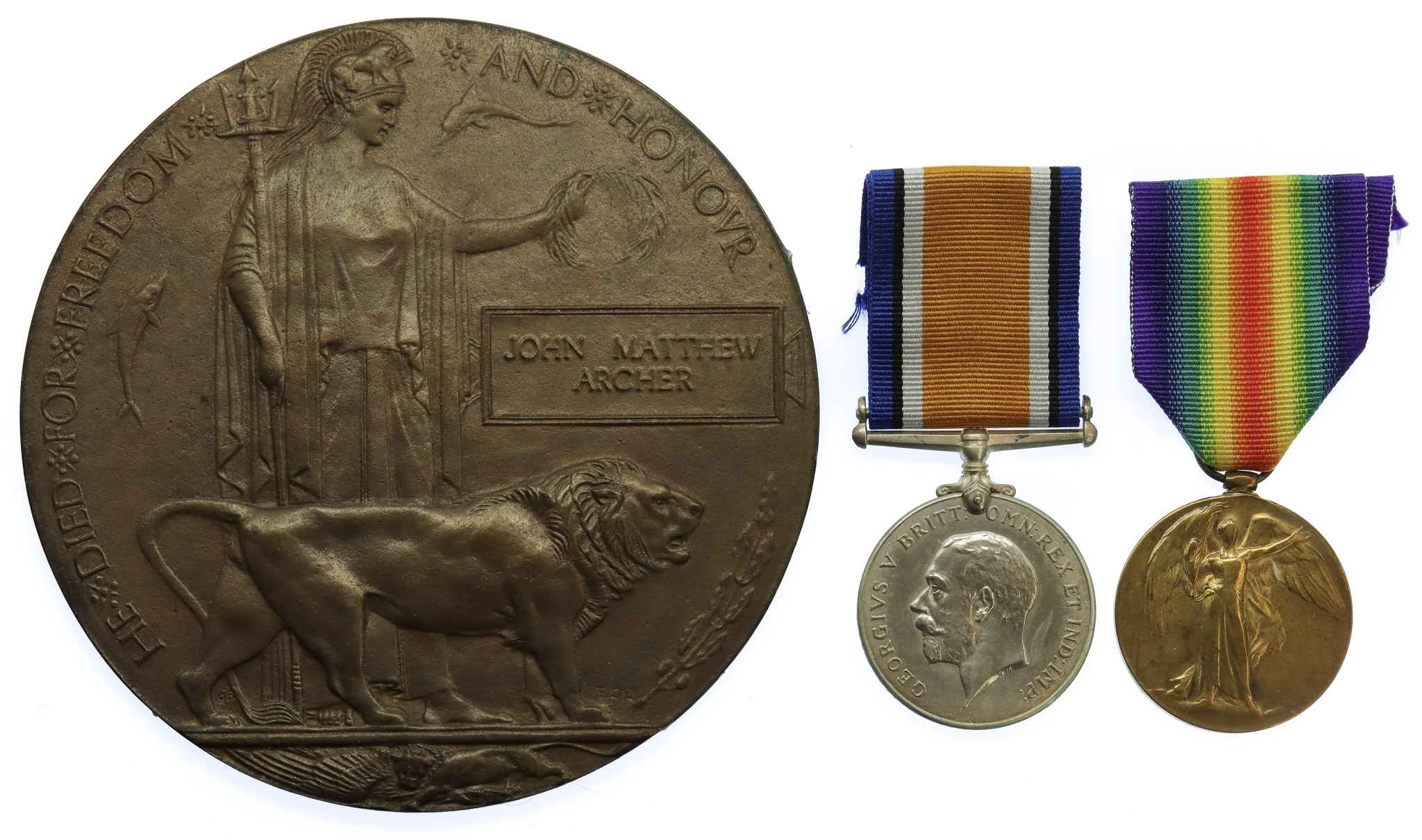 WW1 British War Medal, Victory Medal and Memorial Plaque - Pte. J.M. Archer, 22nd (Tyneside Scottish) Bn. Northumberland Fusiliers - K.I.A. 9/4/17