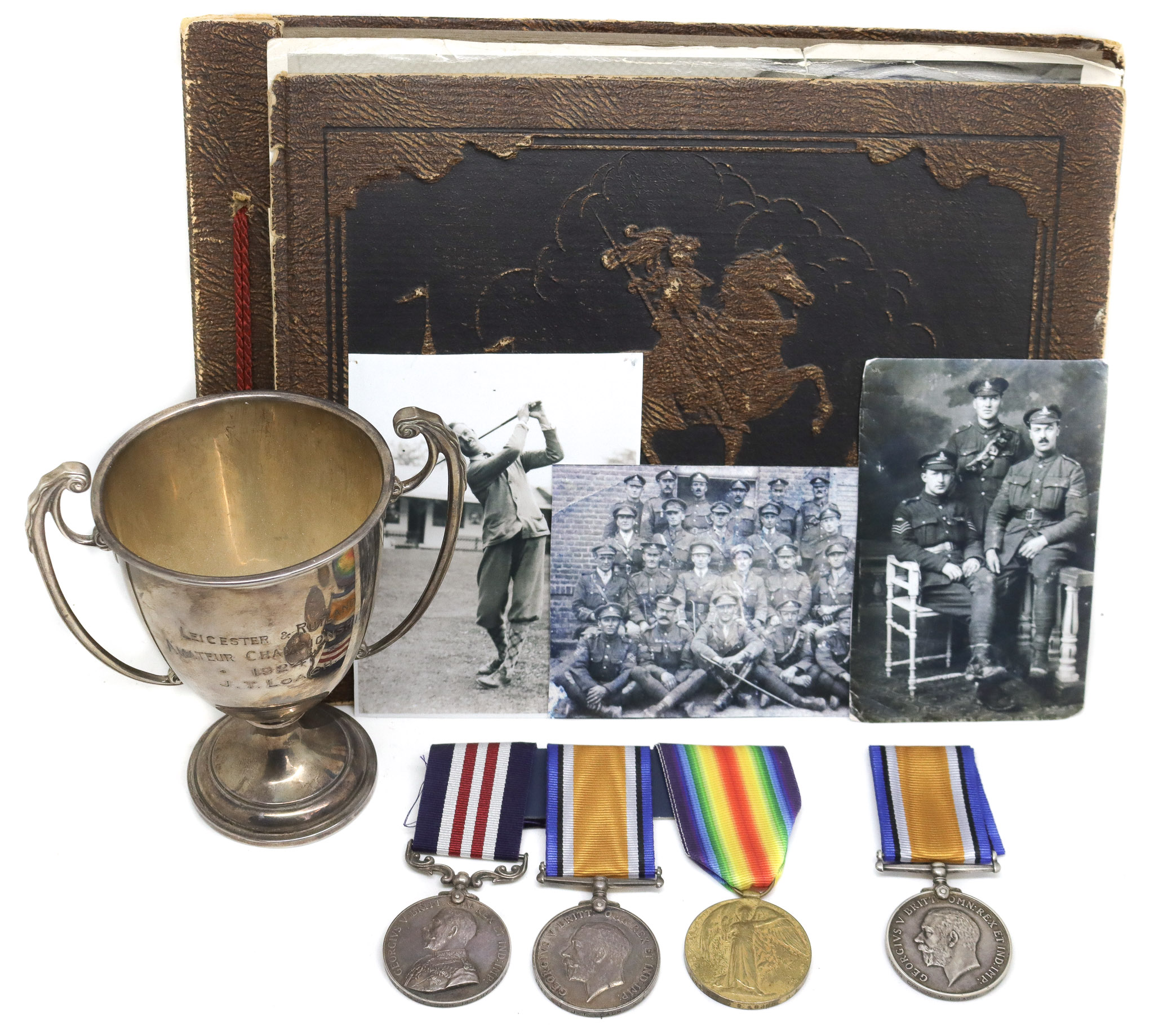 WW1 Military Medal Group with Hallmarked Silver Golfing Trophy, Scrapbook and Brother's British War Medal - Sjt. J.T. Loach, Royal Artillery (Brother - Cpl. M.M. Loach, H.L.I.)