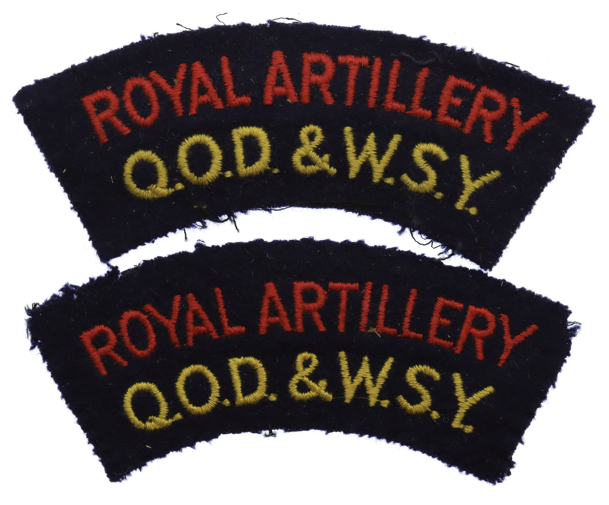 Pair of Queen's Own Dorset & West Somerset Yeomanry Royal Artillery (ROYAL ARTILLERY/Q.O.D.&W.S.Y.) Cloth Shoulder Title
