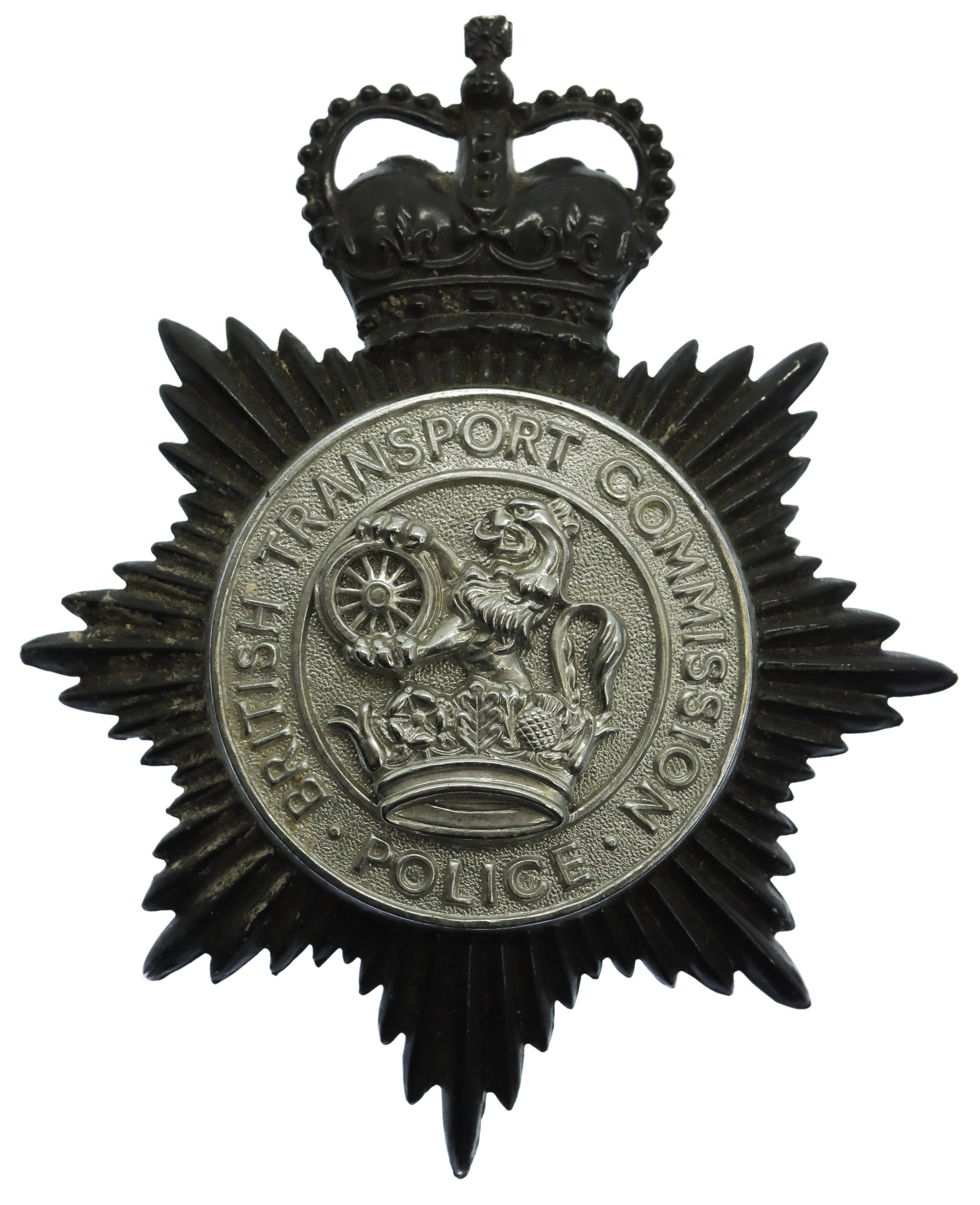 British Transport Commission Police Blackened Chrome Helmet Plate - Queen's Crown