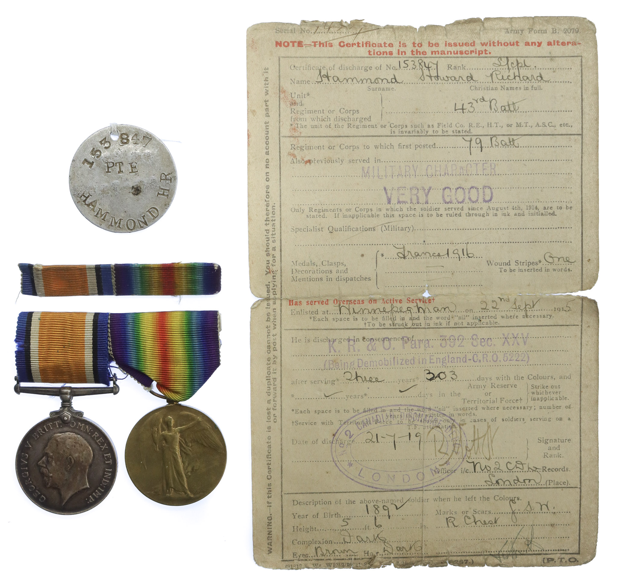 WW1 British War & Victory Medal Pair with Dog Tag and Original Discharge Certificate - Act. L.Cpl. H.R. Hammond, 43rd Canadian Infantry - Wounded (Somme, 1916)
