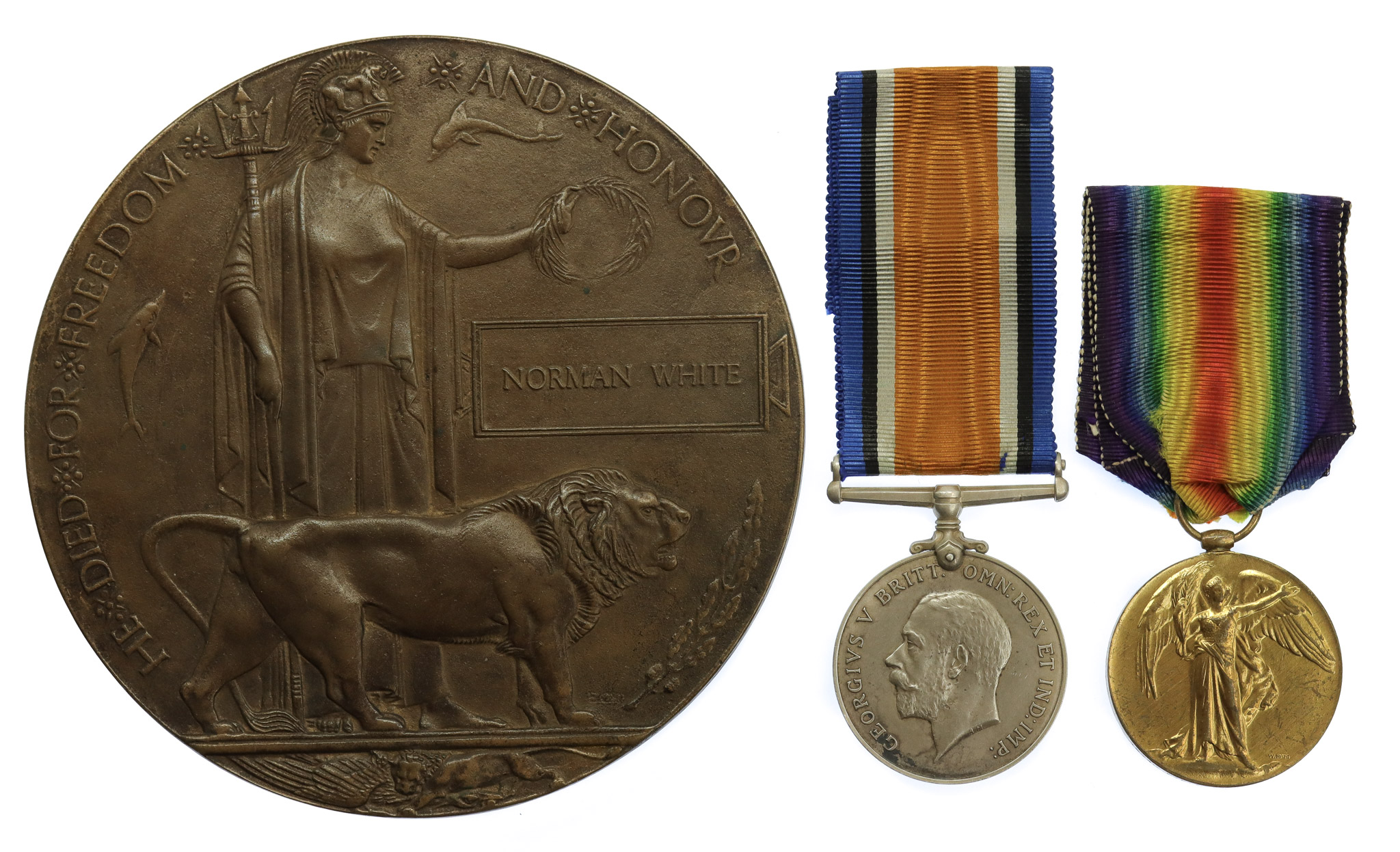 WW1 British War Medal, Victory Medal and Memorial Plaque - Pte. N. White, Royal Scots Fusiliers - K.I.A. 30/7/16