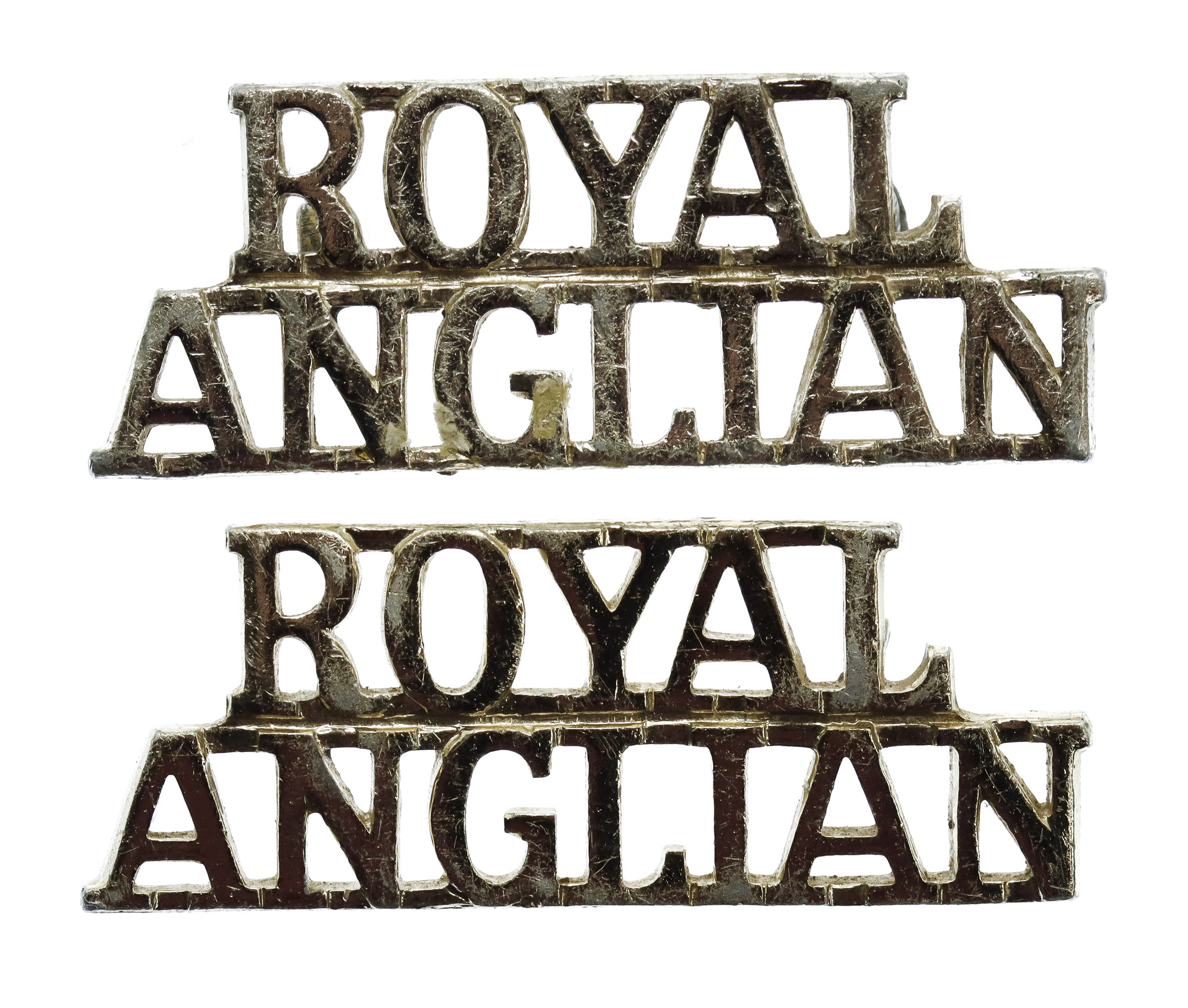 Pair of Royal Anglian (ROYAL/ANGLIAN) Anodised (Staybrite) Shoulder Titles