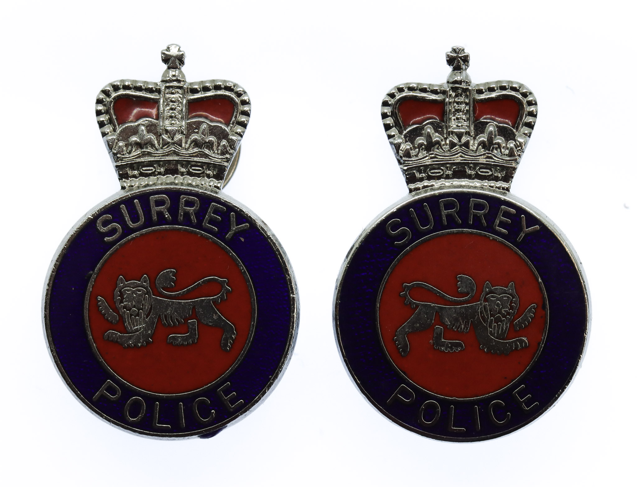Pair of Surrey Police Enamelled Collar Badges - Queen's Crown