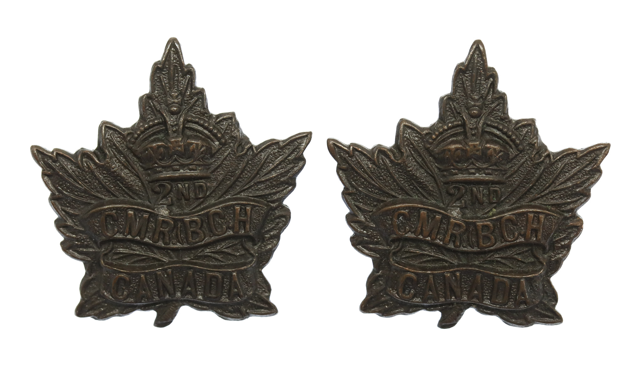 Pair of 2nd Canadian Mounted Rifles Bn. (British Columbia Horse) WW1 C.E.F. Collar Badges