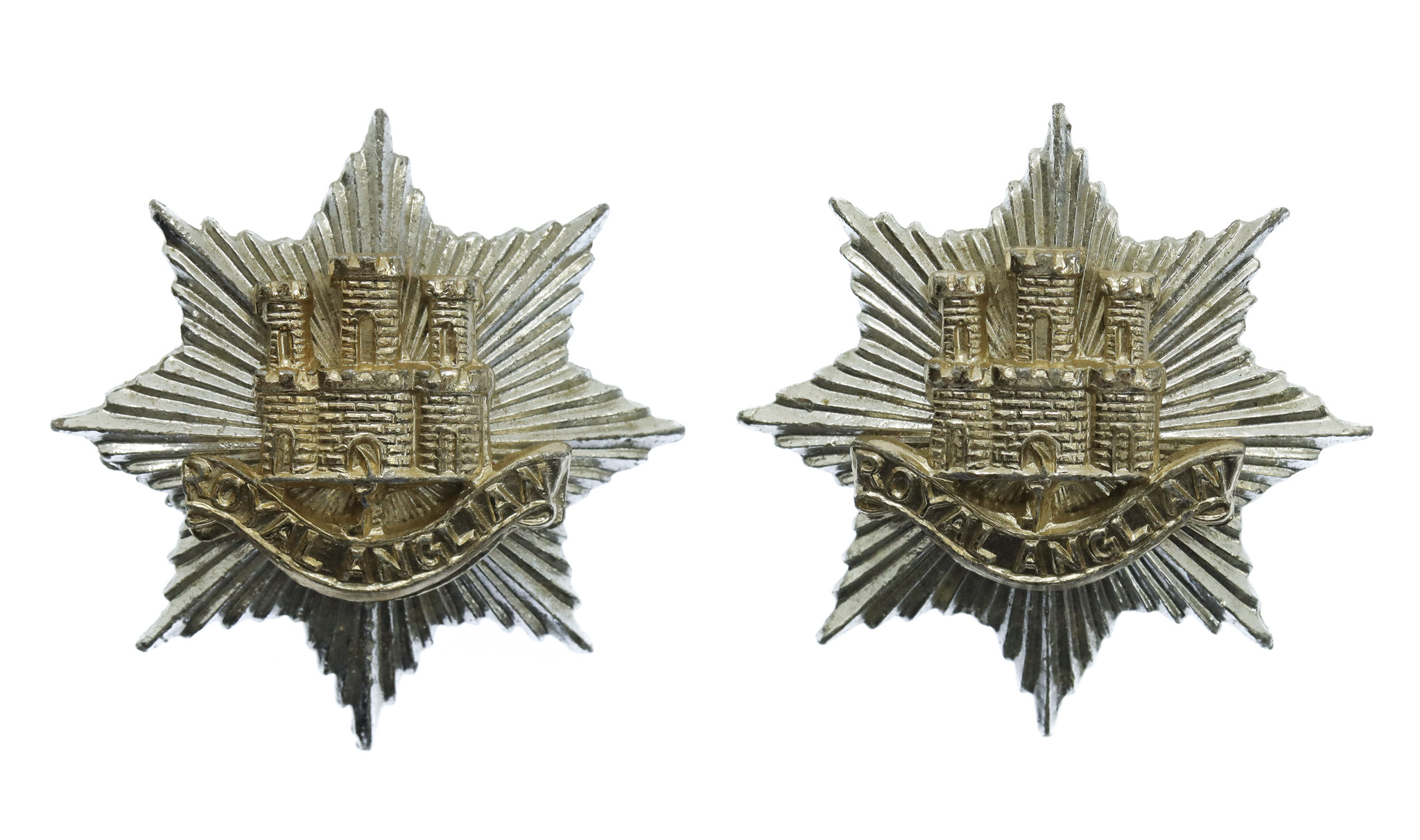 Pair of Royal Anglian Regiment Anodised (Staybrite) Collar Badges