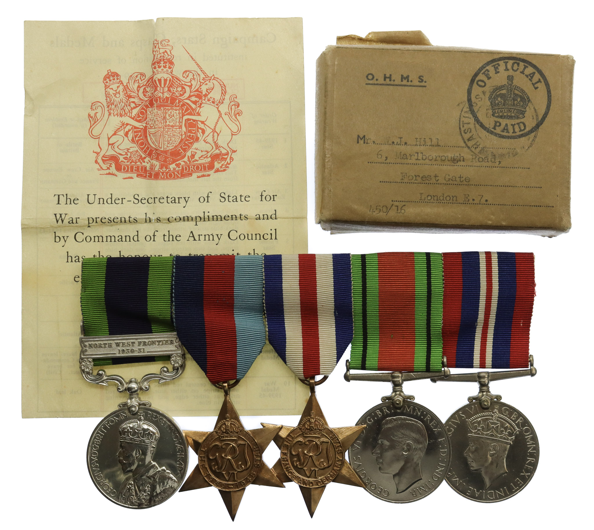 1908 IGS (Clasp - North West Frontier 1930-31) and WW2 Medal Group of Five - Pte. W. Hill, 2nd Bn. Essex Regiment