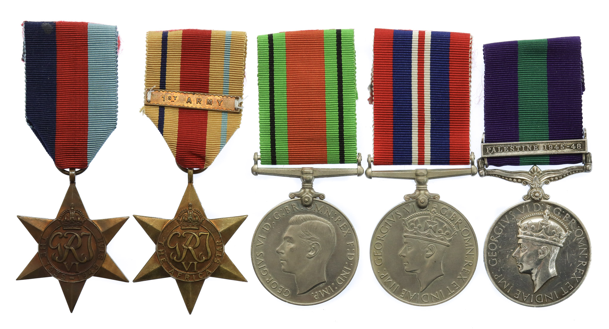 WW2 and General Service Medal (Clasp - Palestine 1945-48) Group of Five - Cpl. J.A. Fox, Notts & Derby Regiment (Sherwood Foresters)